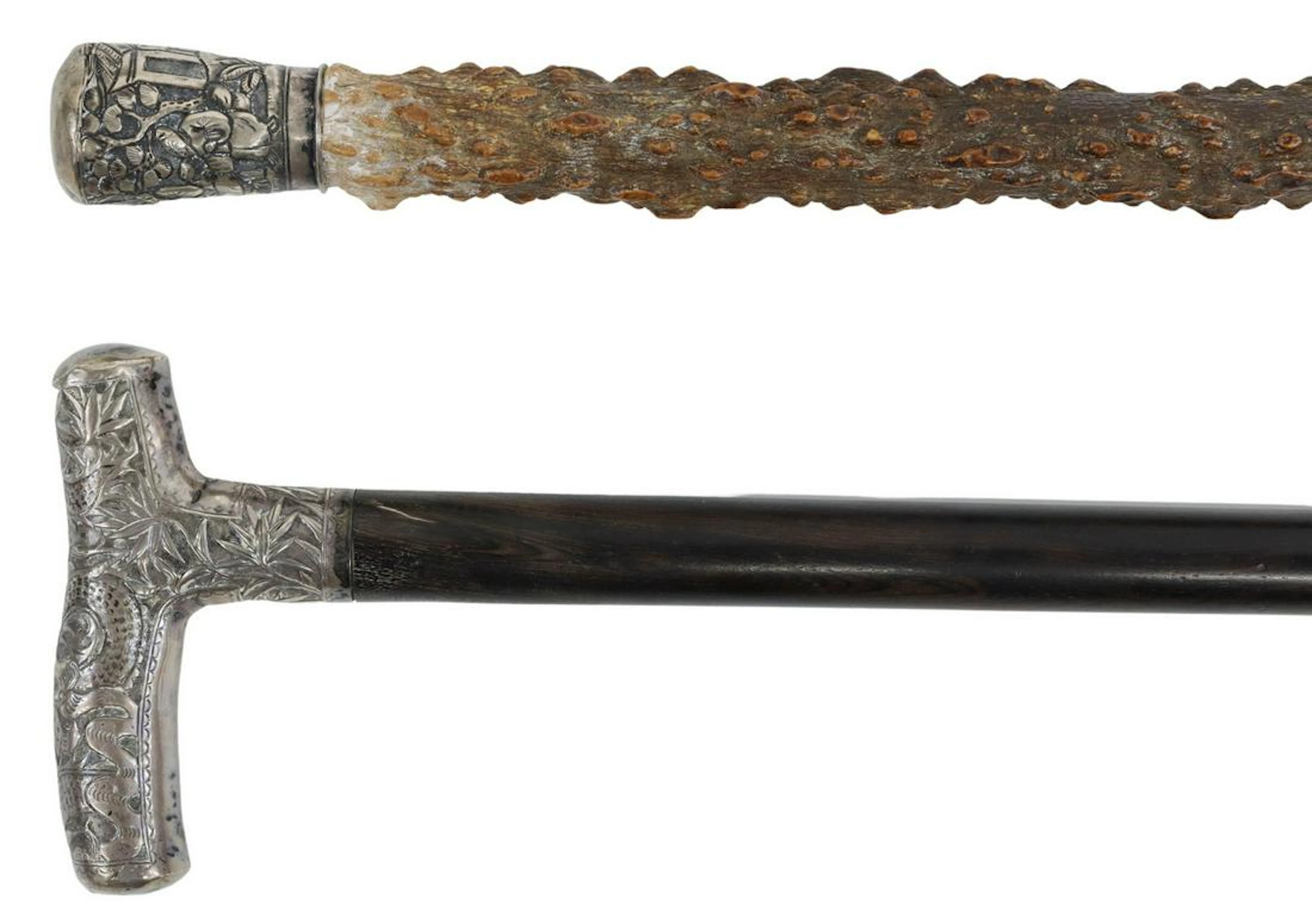 (2) CHINESE SILVER HANDLED CANES WALKING STICKS