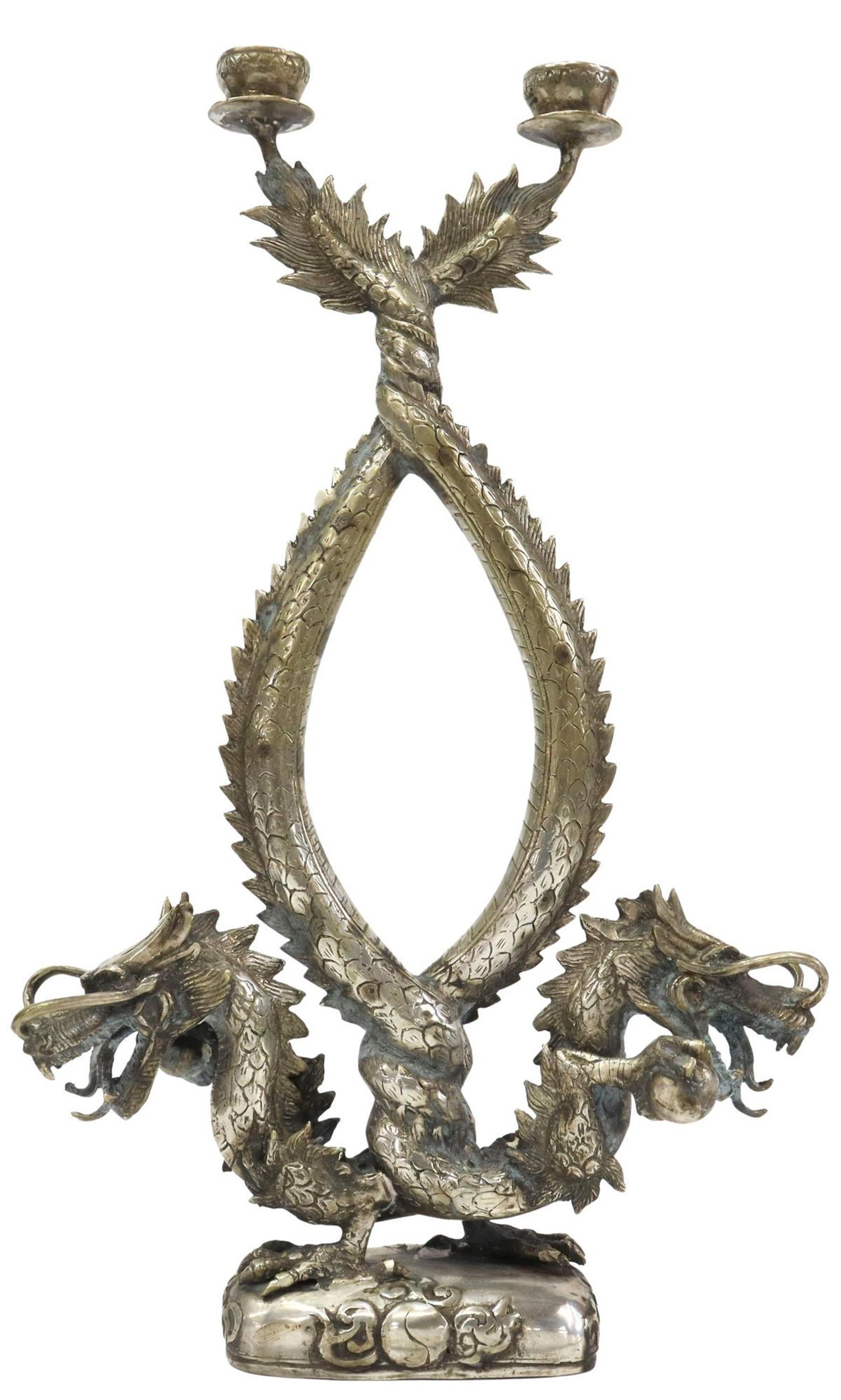 CHINESE SILVER-TONE METAL DRAGON CANDLE HOLDER
