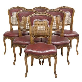 (6) FRENCH LOUIS XV STYLE CANED WALNUT SIDE CHAIRS