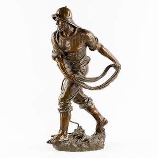 Antoine BOFILL (c.1875-1939/53) 'Fisherman throwing a rope' patinated bronze.