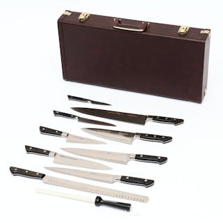 JAPANSKA KOCKKNIVAR, 9 knivar samt bryne, MAC, Diamond Knife, JAPAN.