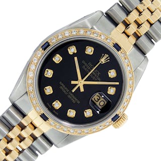 Rolex Mens DateJust Black Diamond Watch Steel and 18k Gold Diamond Sap