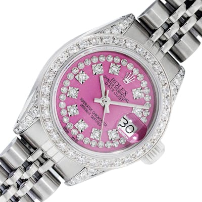 Ladies Rolex Steel and 18K Gold Diamond Datejust Watch with Pink Diamo