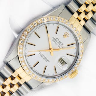 Rolex Mens Datejust Steel and 18K Gold Silver Index Dial Diamond Bezel