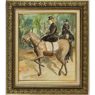 Edouard Monet French Watercolor on paper Painting. Two women riding
