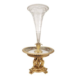 Large 19th C. French Champleve Enamel, Bronze, & Crystal Centerpiece