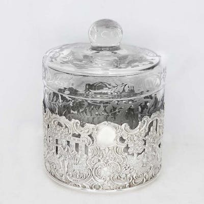 Sterling Silver (77g) Mounted Crystal Round Jar With Lid
