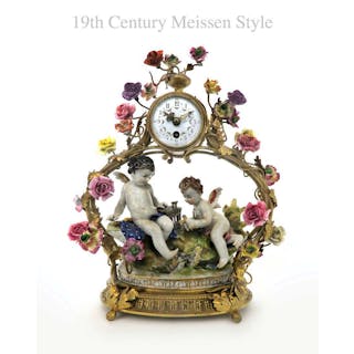 A Fine 19th C. Ormolu & Meissen Style Porcelain Mantle Clock