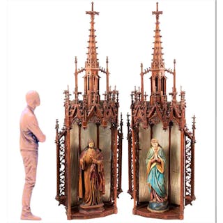 Pair of Monumental 19th C. Gothic Polychrome Decorated Figures of