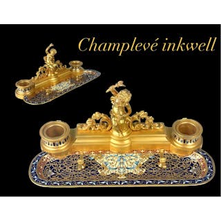 19th Century French Champleve Enameled Bronze Inkwell