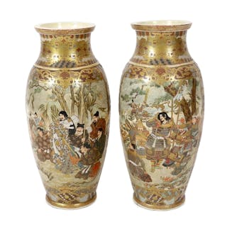 A pair of large Japanese Satsuma pottery 'Samurai' vases, Me...