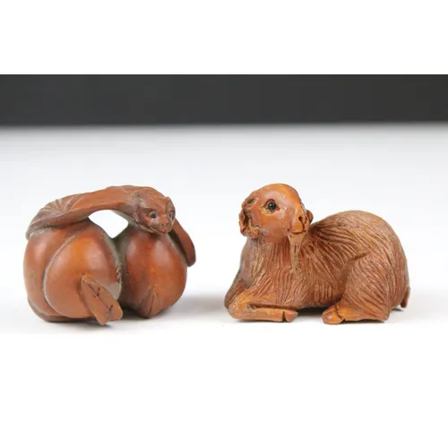 Two Japanese carved wooden netsukes in the form of a bat on ... | Barnebys