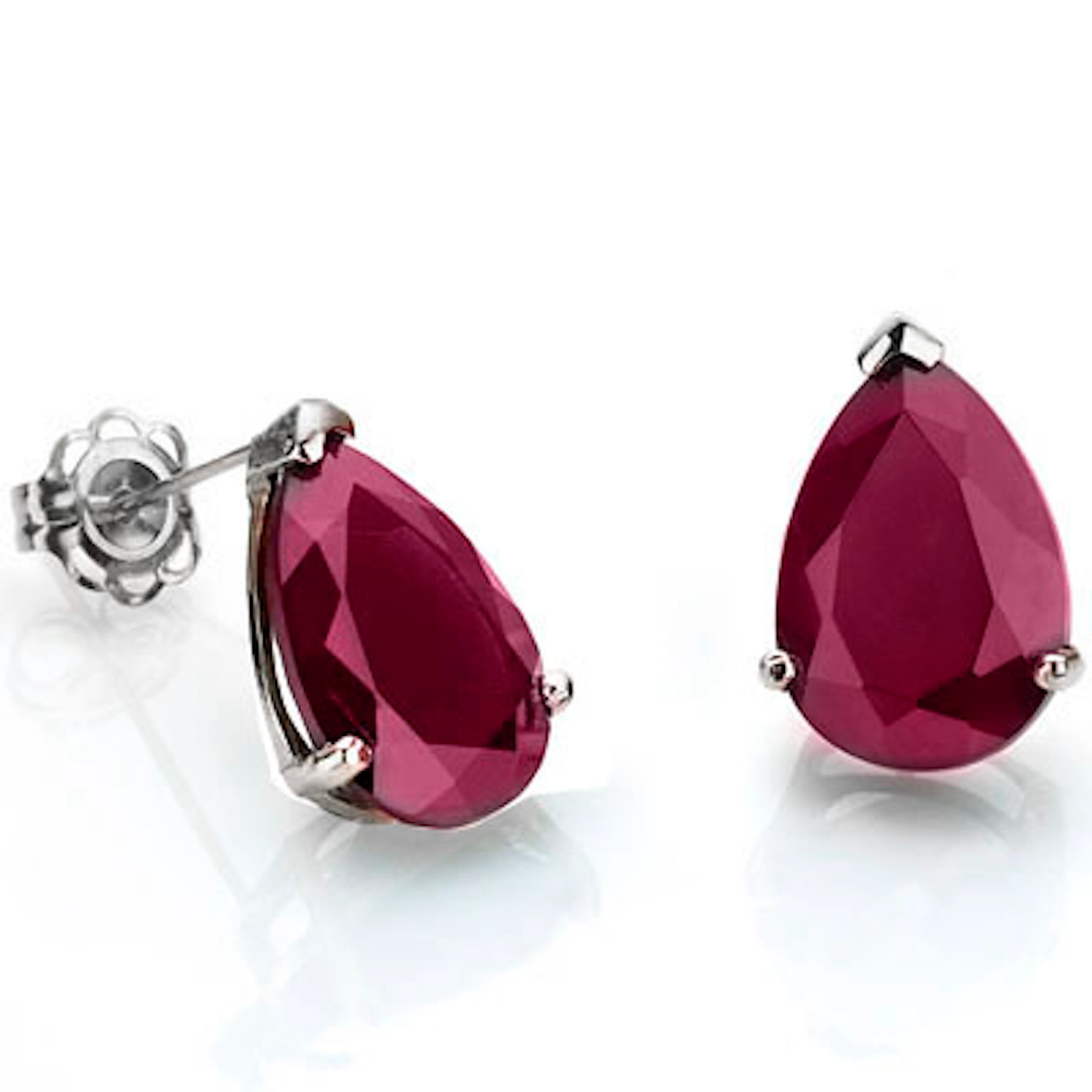 ELGANT 10K WHITE GOLD PEAR CUT RUBY EARRINGS