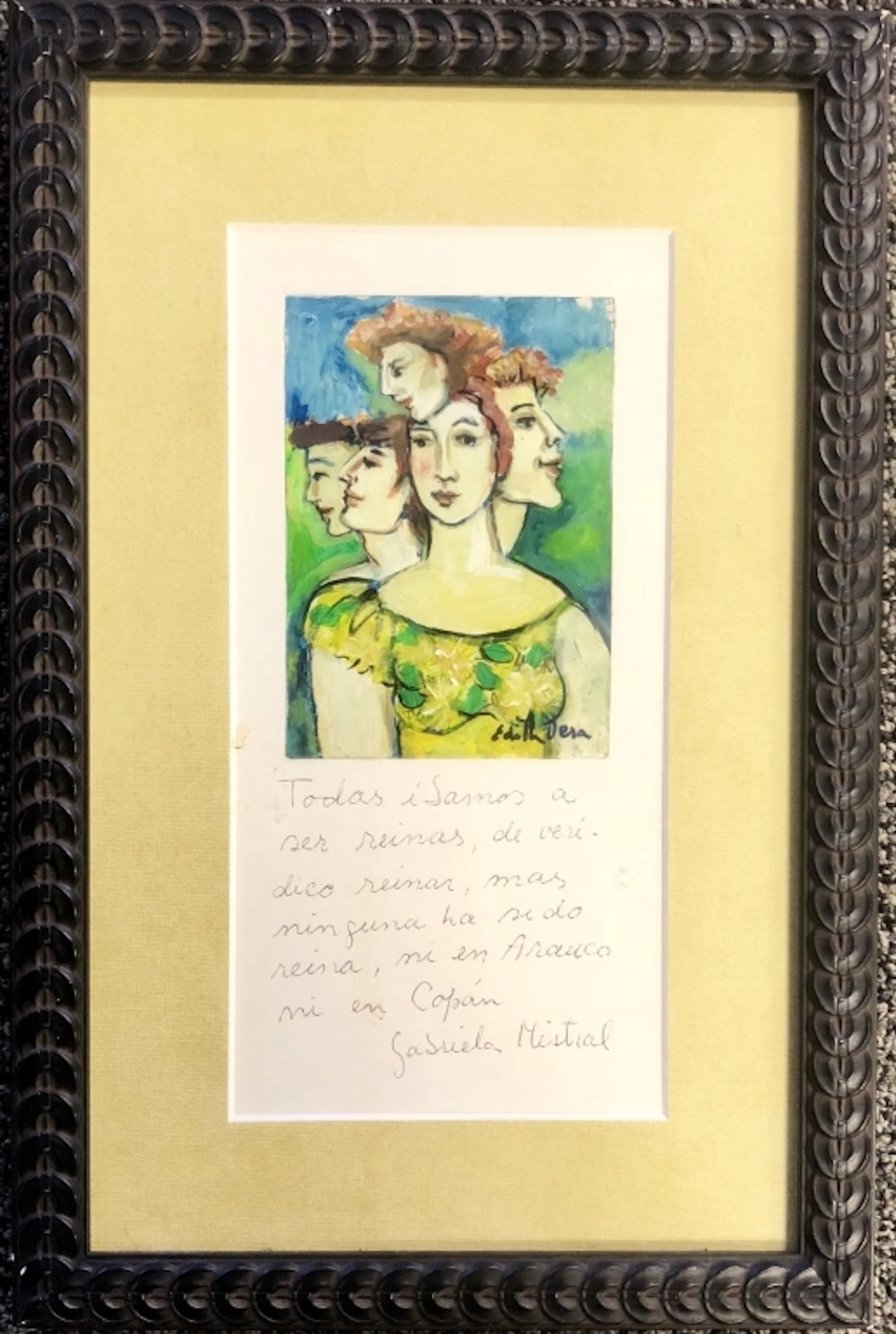 FRAMED GABRIELA MISTRAL HANDWRITTEN NOTE/PAINTING