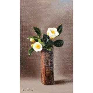 白玉椿・備前角壷 (White Camellias and Bizen Vase) 五味 悌四郎 (Teishiro Gomi)