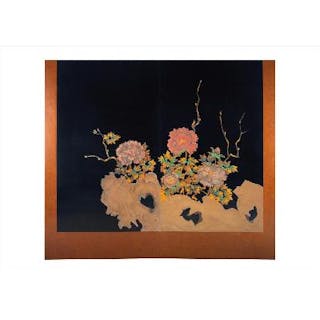 輪島塗芙蓉図二枚折屏風 (Wajima two-panel lacquer folding screen with flower design)