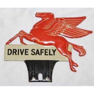 Mobiloil Drive Safely Embossed Pegasus Advertising License Plate Topper