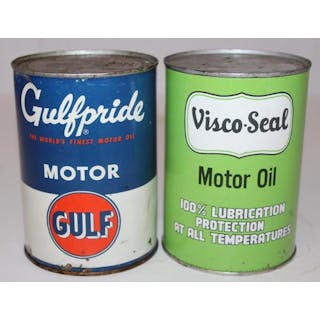 Group of 2 Viscoseal and Gulfpride Metal One Quart Motor Oil Cans