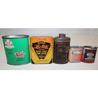 Group of 5 Tire and Radiator Repair Advertising Cans