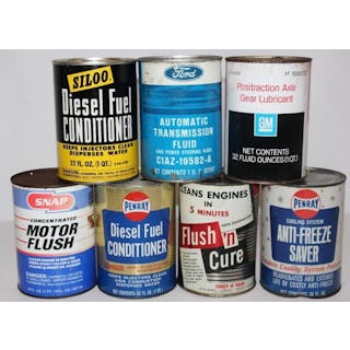 Group of 7 Ford, GM, PenRay, Siloo Metal One Quart Motor Oil Cans