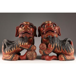 Pair Antique Chinese Hand Carved Wood Foo Dogs