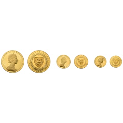 Isle of Man, Drei-Münzen-Goldsatz, 1965, bestehend aus fünf Pfund;