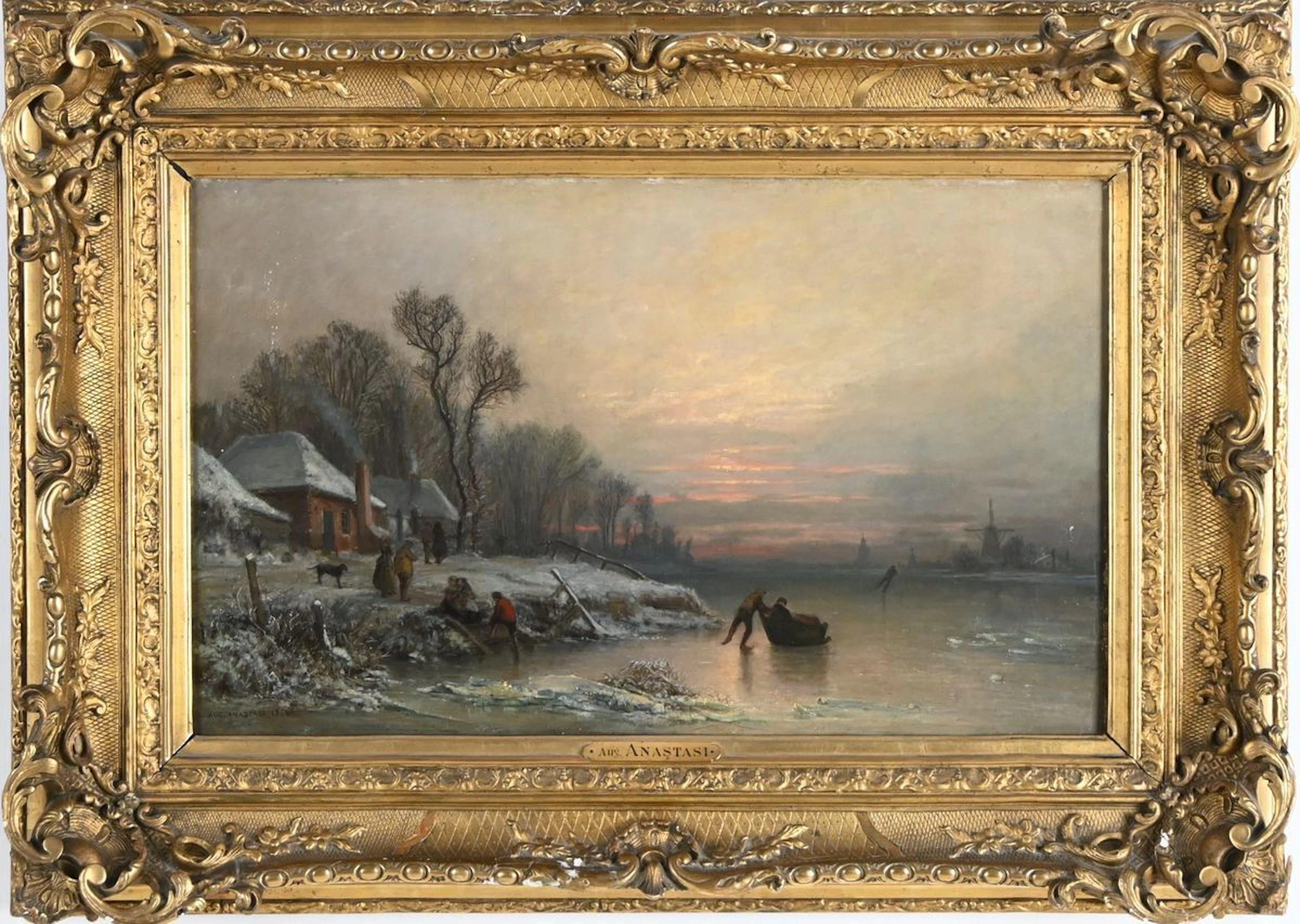 Auguste Anastasi, antik olja på duk "Vinterbild", Frankrike