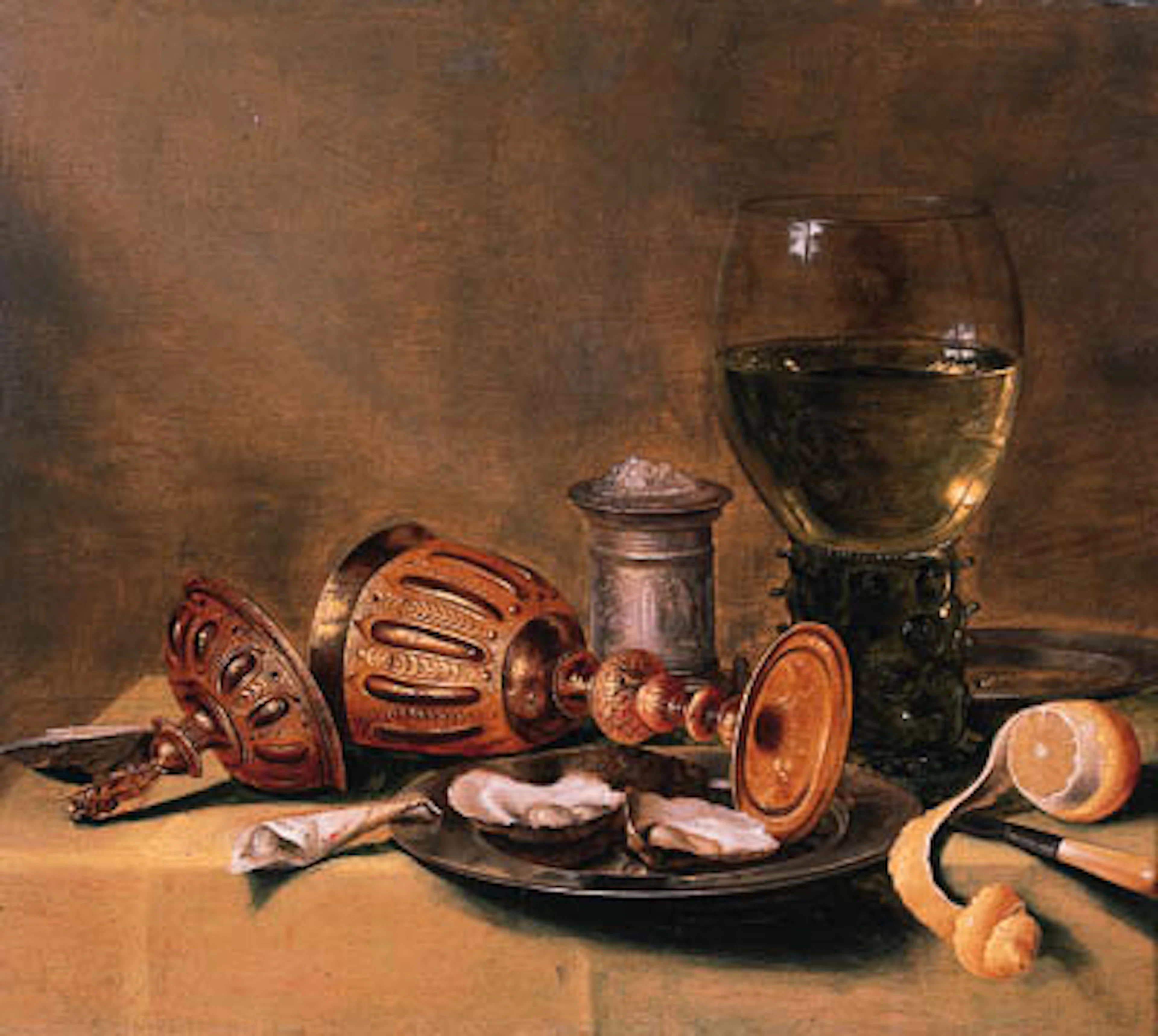 Oysters on a pewter Plate, an upturned Cup and Cover, a Roemer and a silver Salt on a draped Table