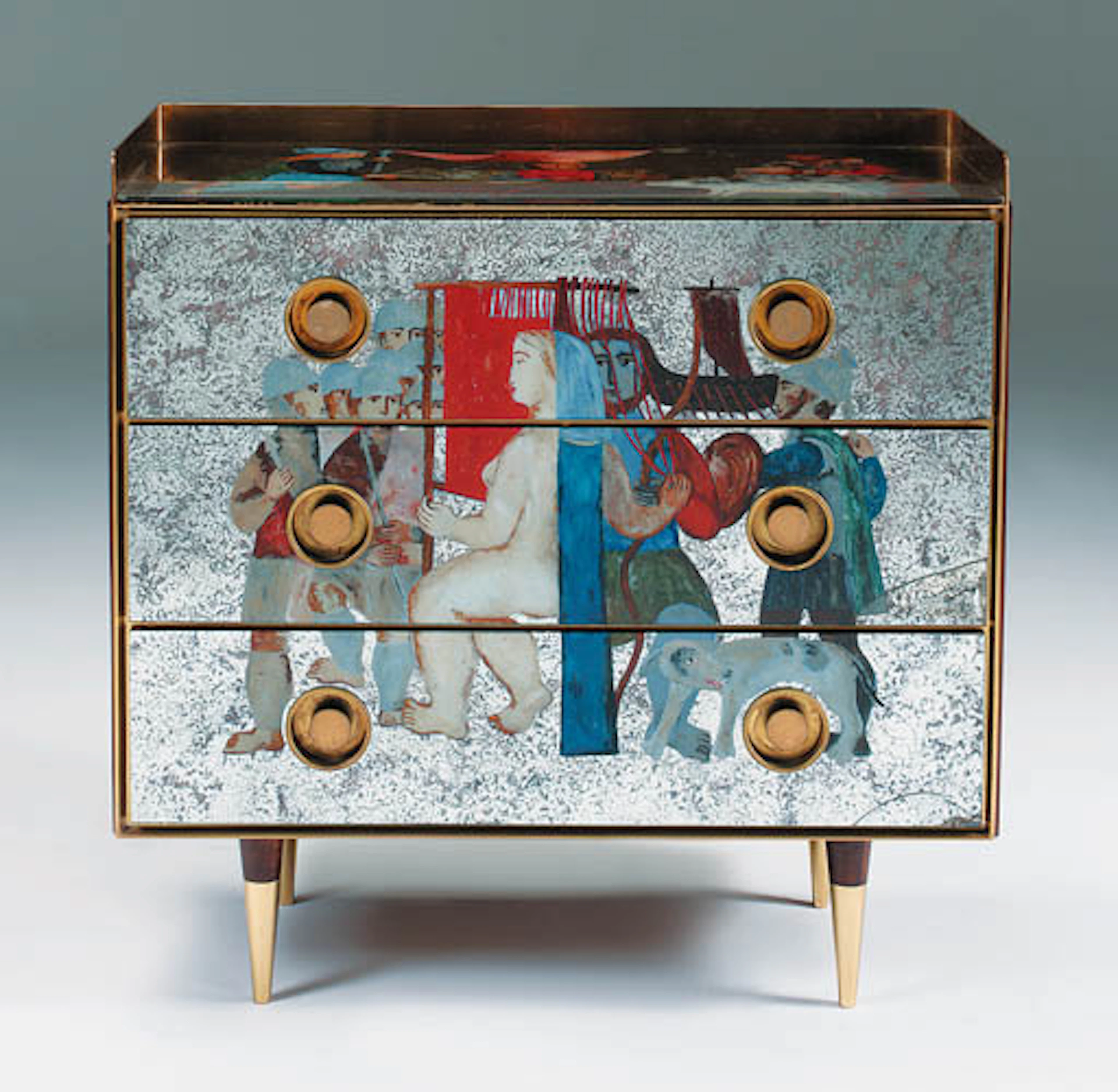 A painted mirror-glass chest of drawers