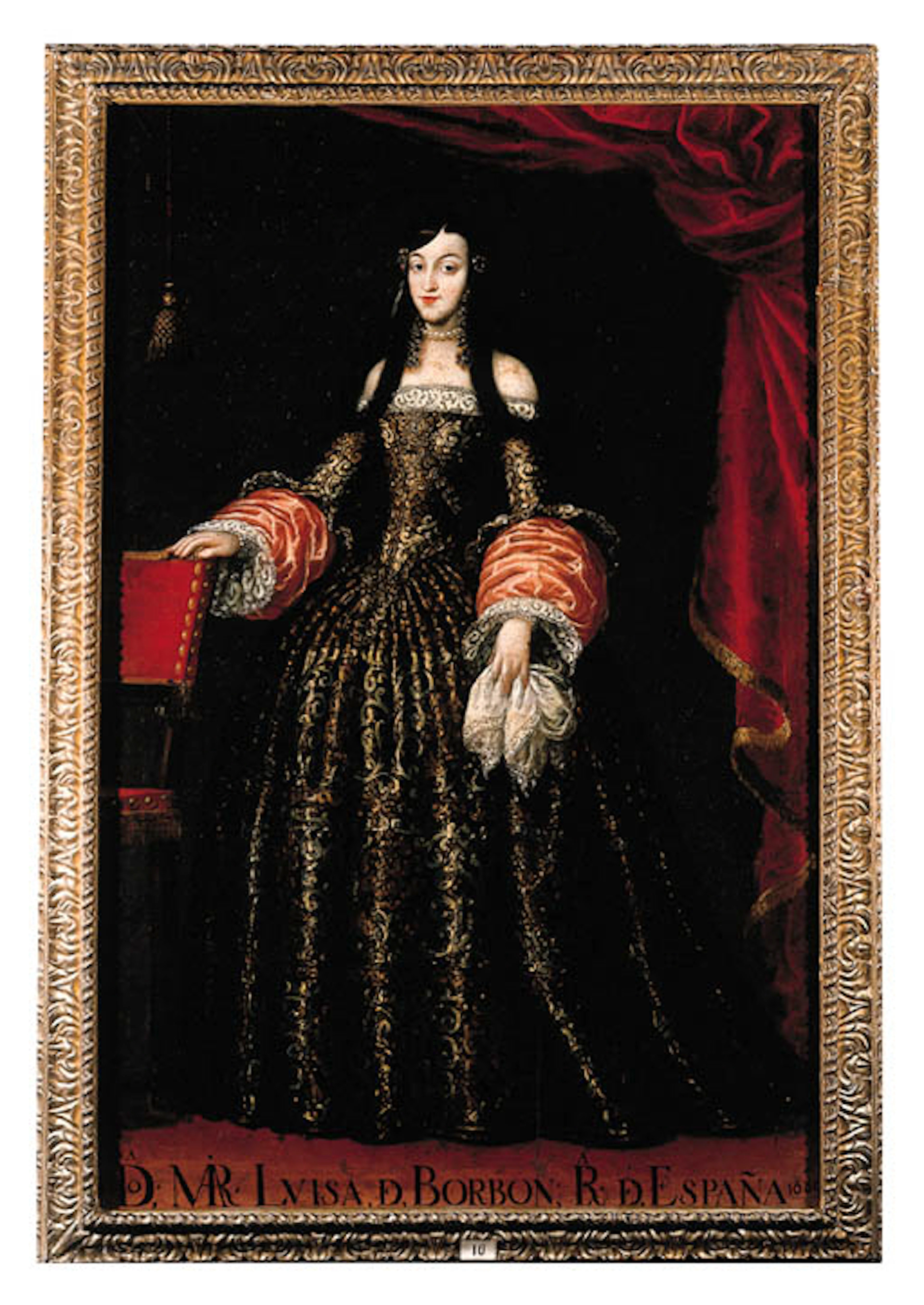 Retrato de Doa Maria Luisa de Borbn, de cuerpo entero, con un vestido negro bordado con hilo de plata y oro, y puos en raso carmes, un pauelo
