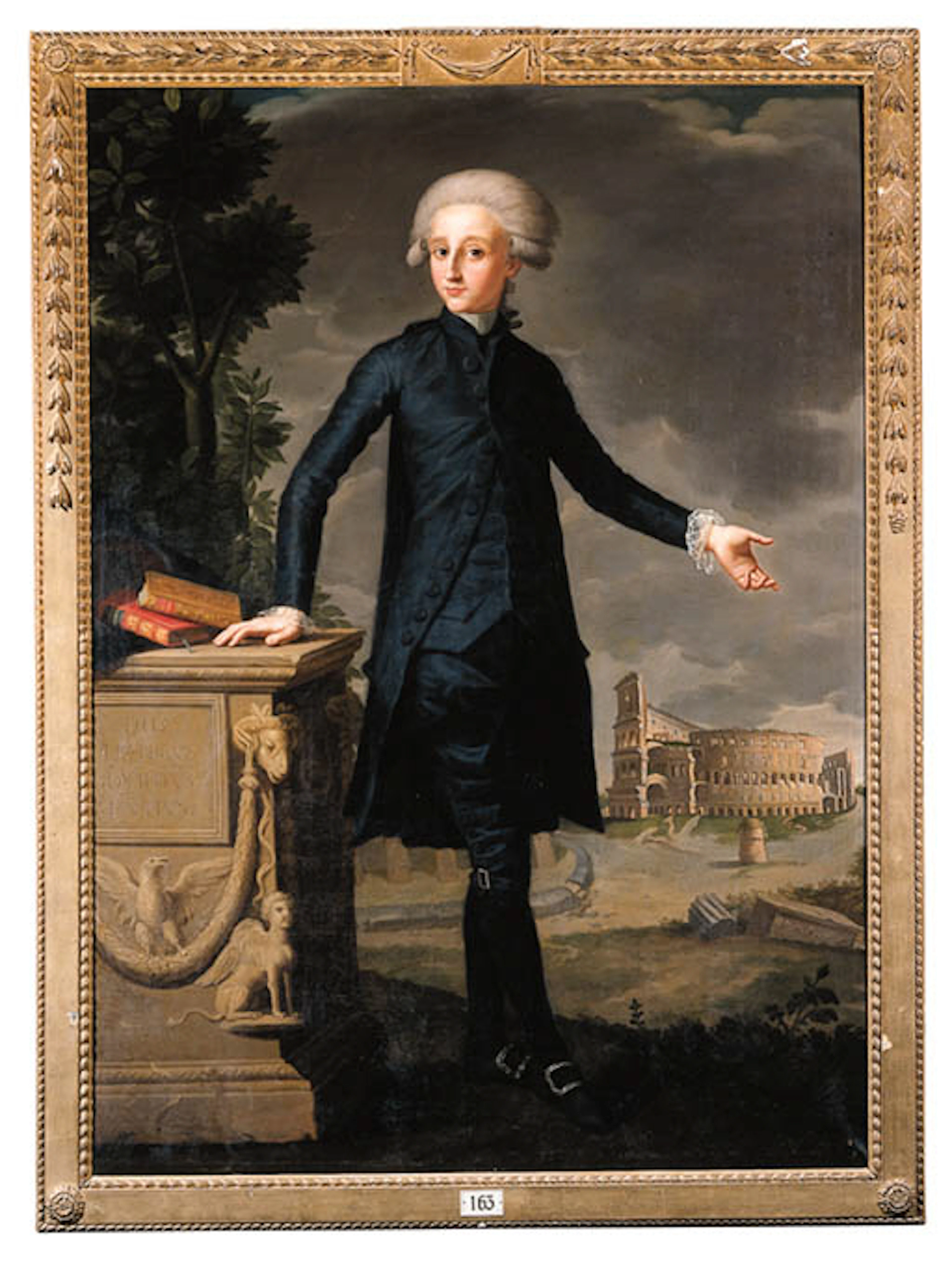 Retrato de Don Juan Despuig y Zaforteza, de cuerpo entero, vestido de negro, su mano derecha sobre una estela funeraria, su mano izquierda sealando al Coliseo, al fondo Roma