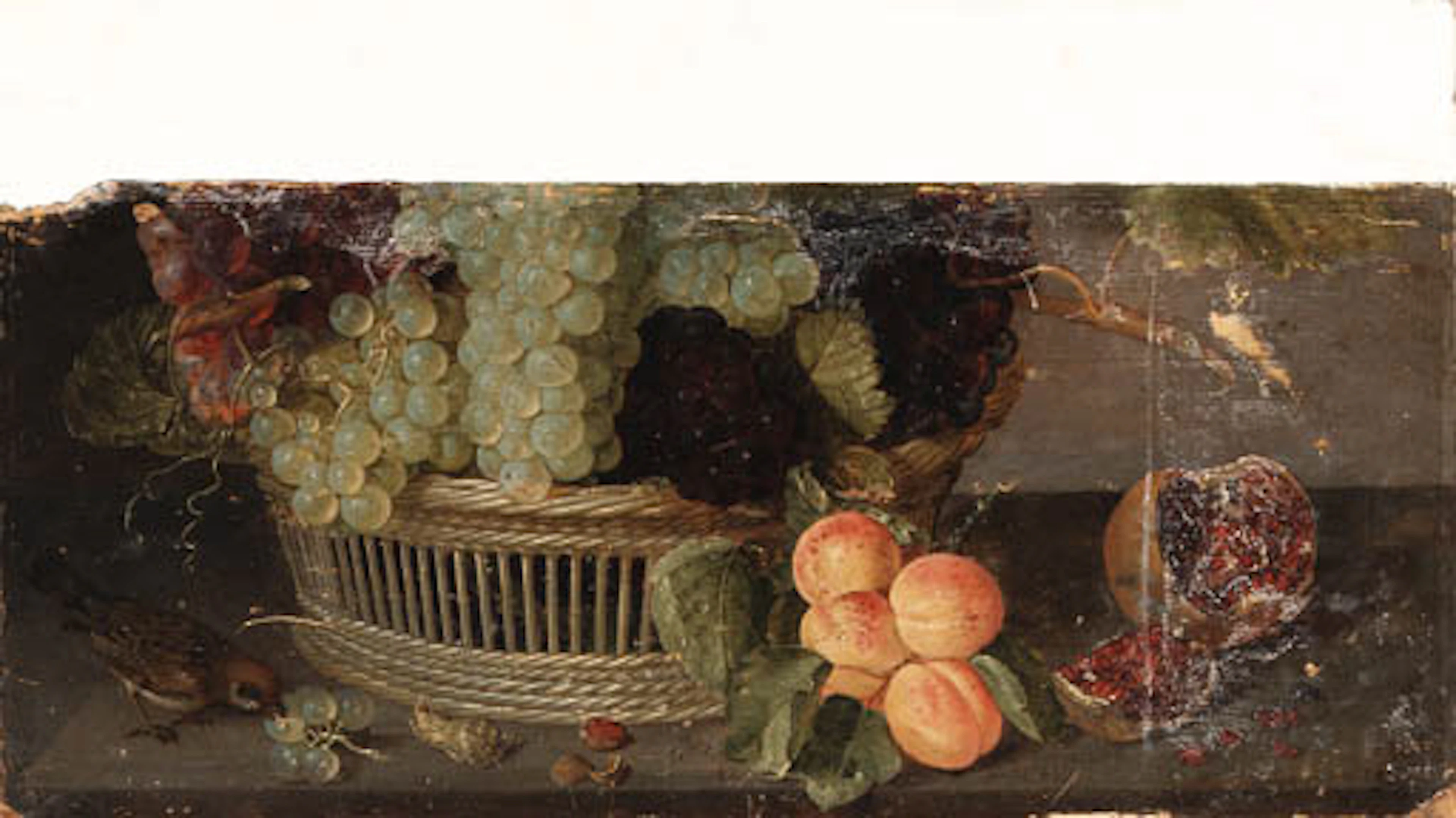 Grapes in a wicker Basket with Peaches, a Pomegranate, an Acorn and a Wren on a Ledge