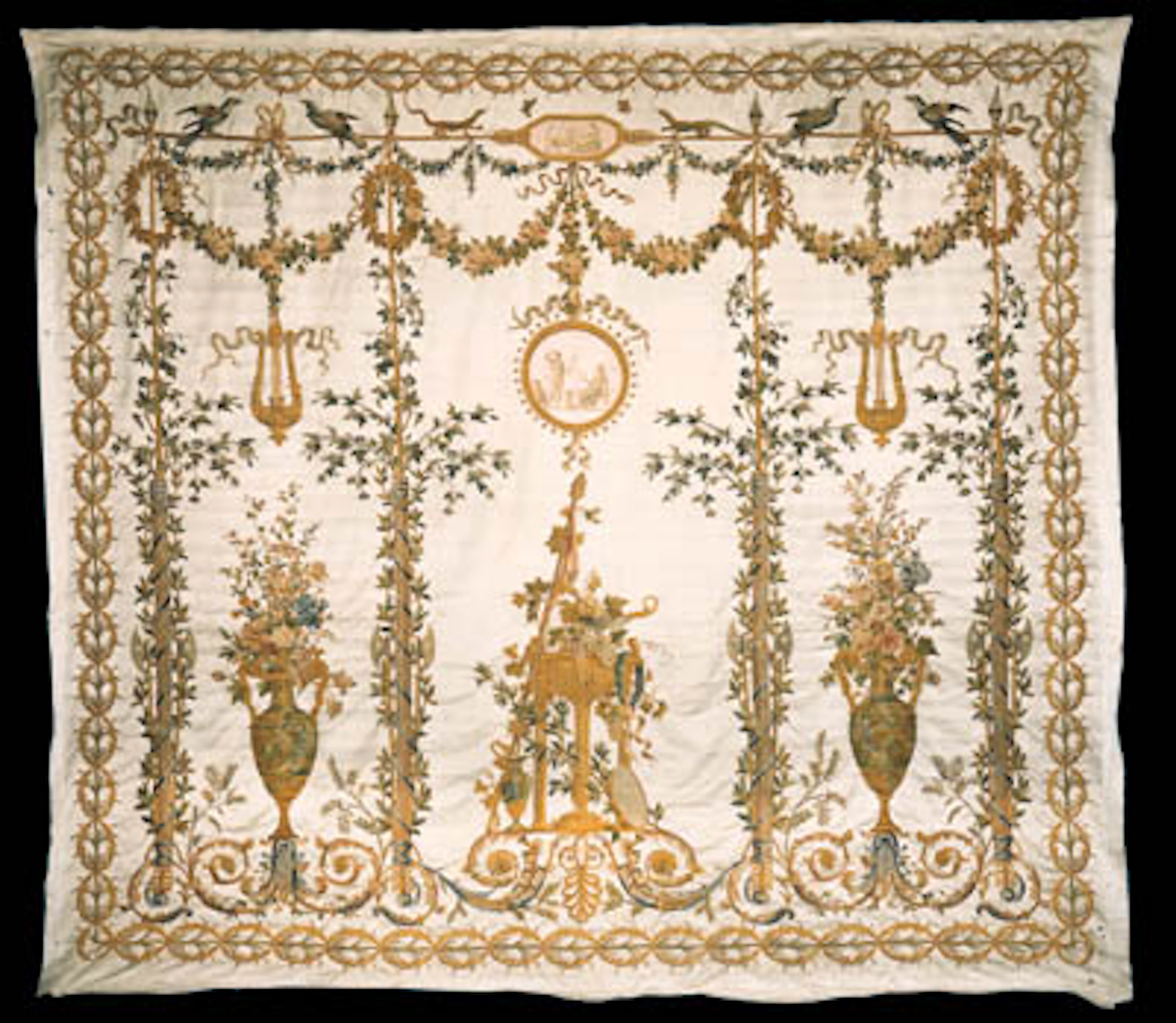 A SUITE OF FIVE LATE LOUIS XVI EMBROIDERED SILK WALL-HANGINGS
