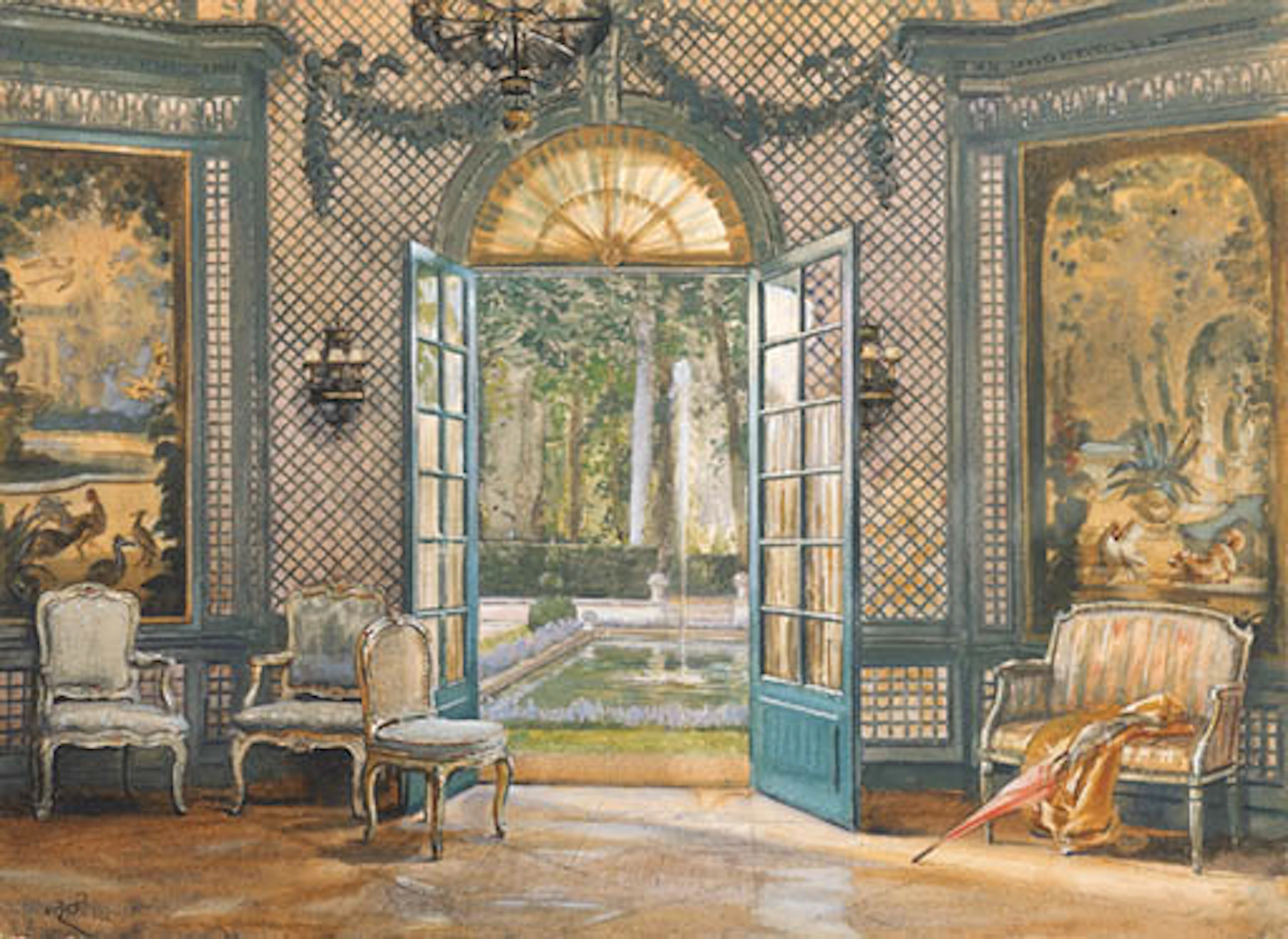 'LE SALON DE MUSIQUE DE LA 'VILLA TRIANON', A WATERCOLOR ON PAPER