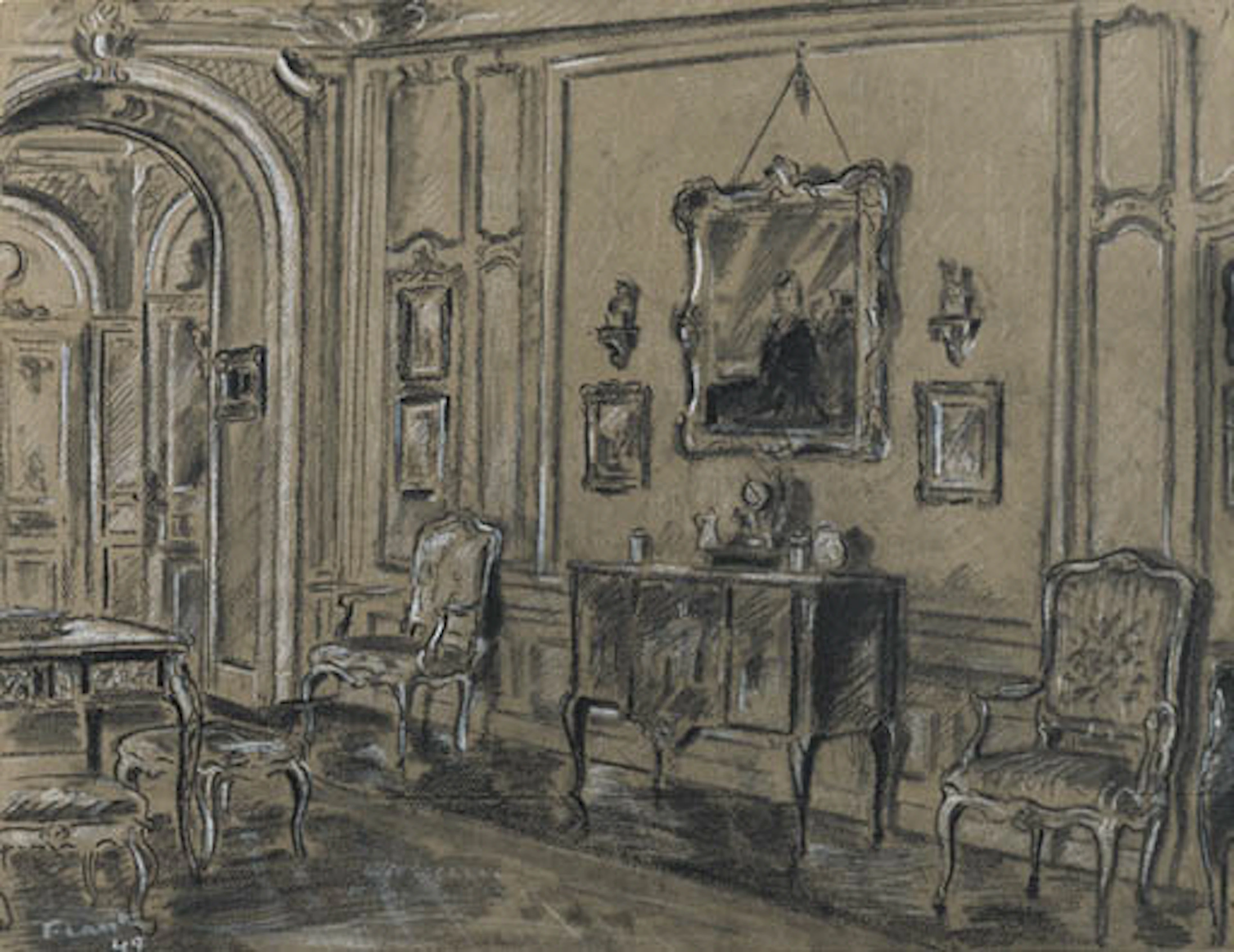 'LE SALON CARR DE LA 'VILLA TRIANON', A CHARCOAL AND WHITE CHALK DRAWING ON BROWN PAPER
