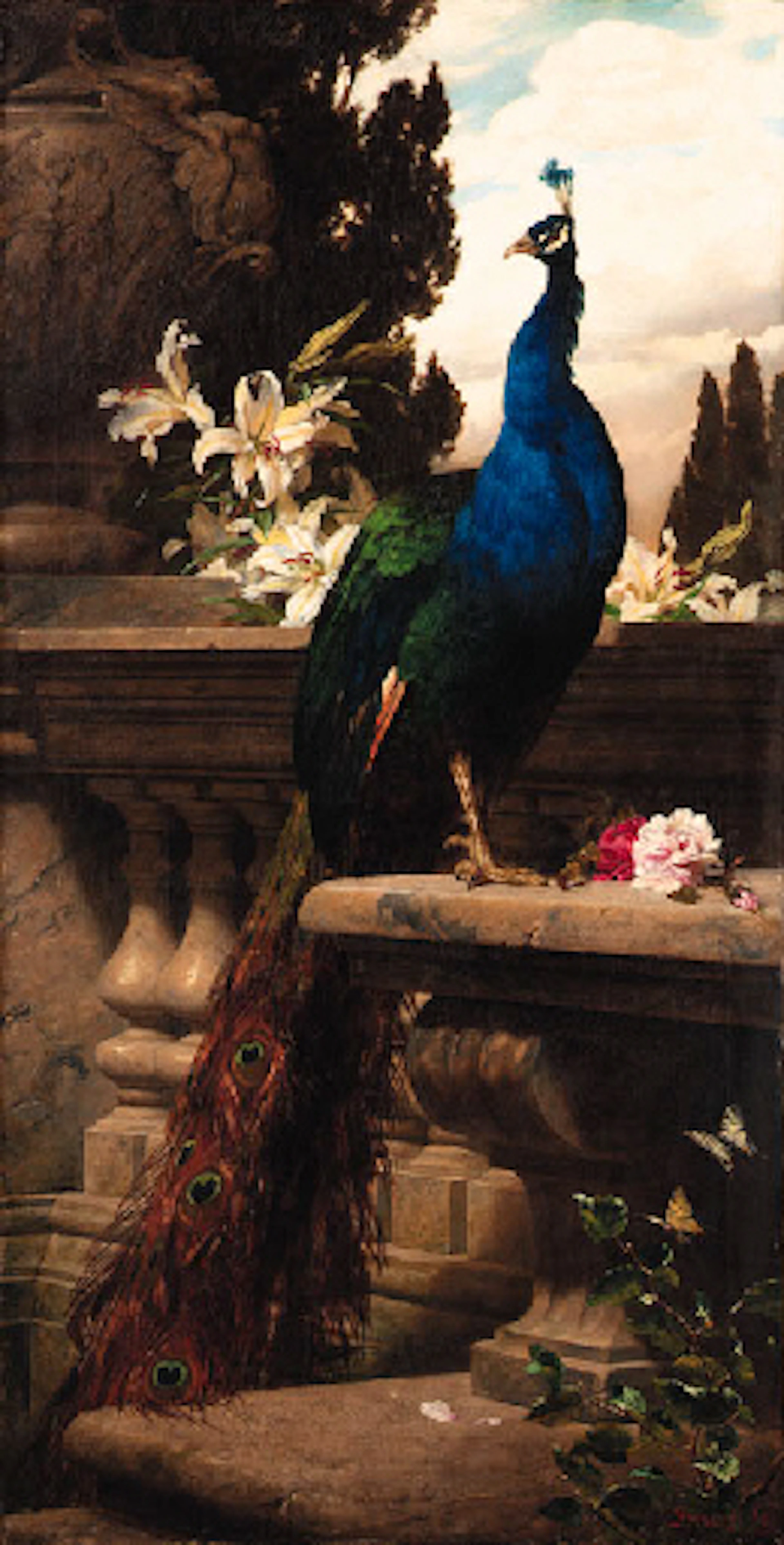A Peacock in a Classical Landscape with Lilies and Roses