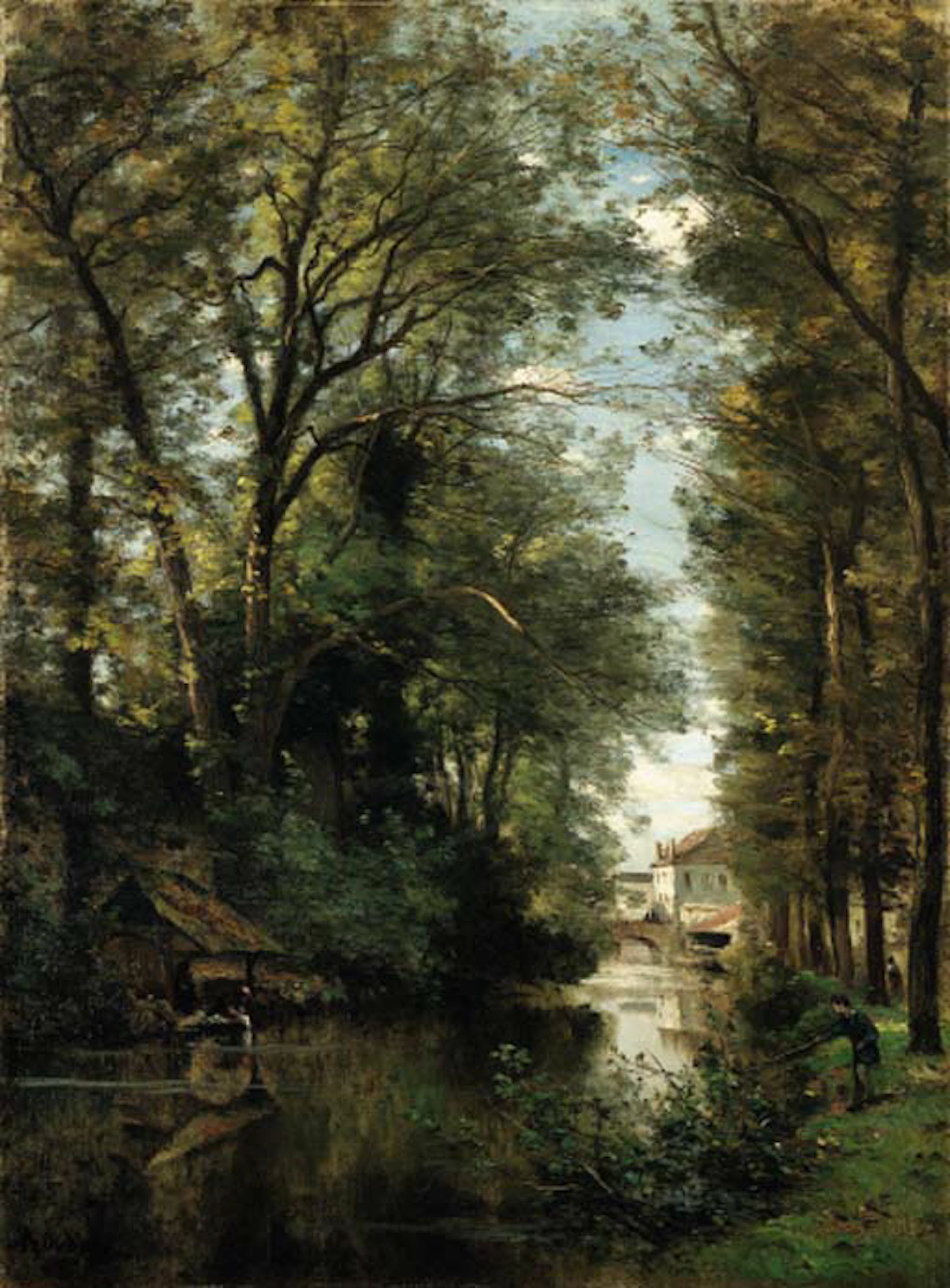 Figures along a wooded canal