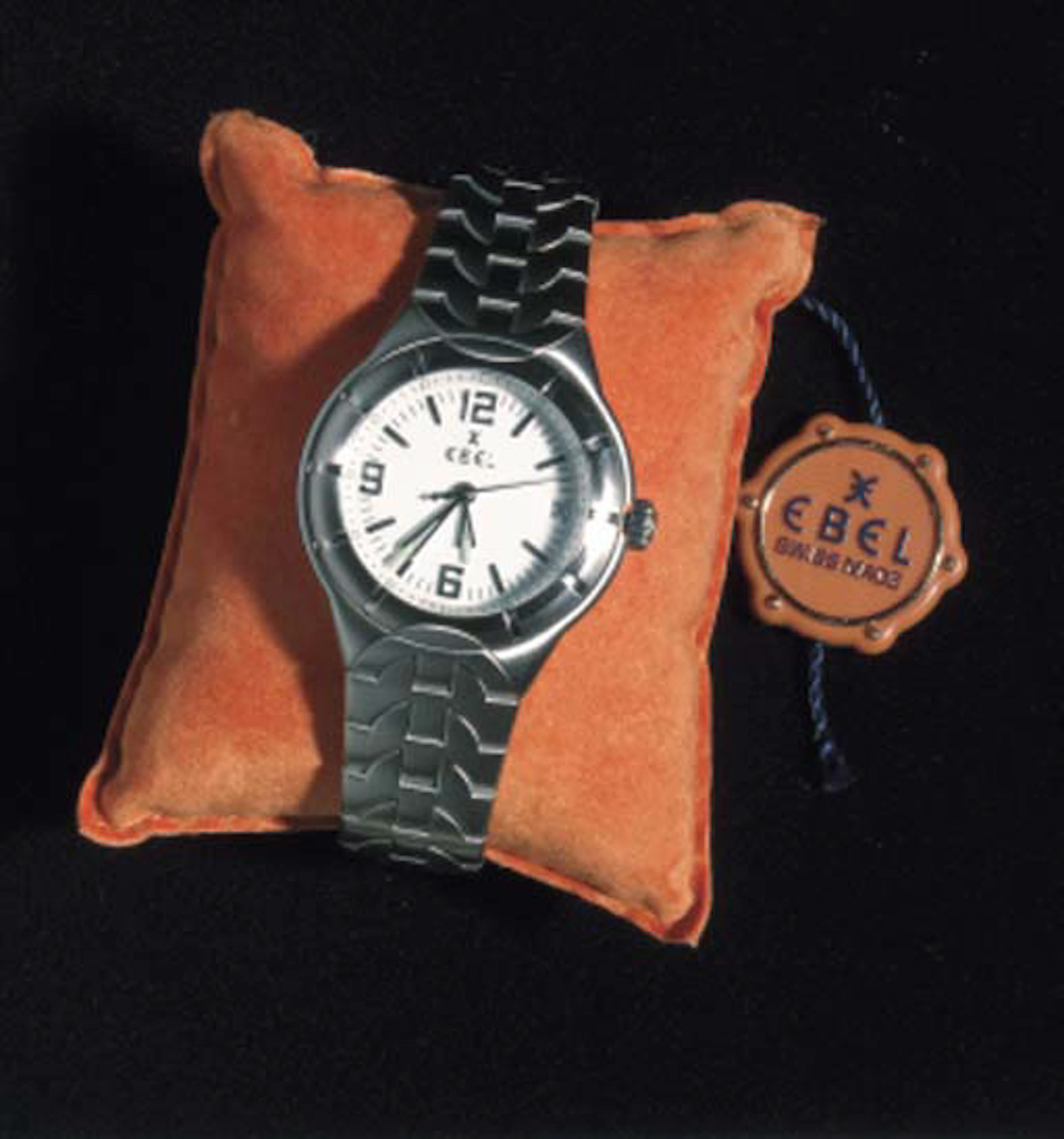 A gentleman's stainless steel, Ebel, Type E, quartz wristwatch, with white dial, Arabic and baton numerals, centre seconds and date aperture, quartz movement, circular case with snap-on back