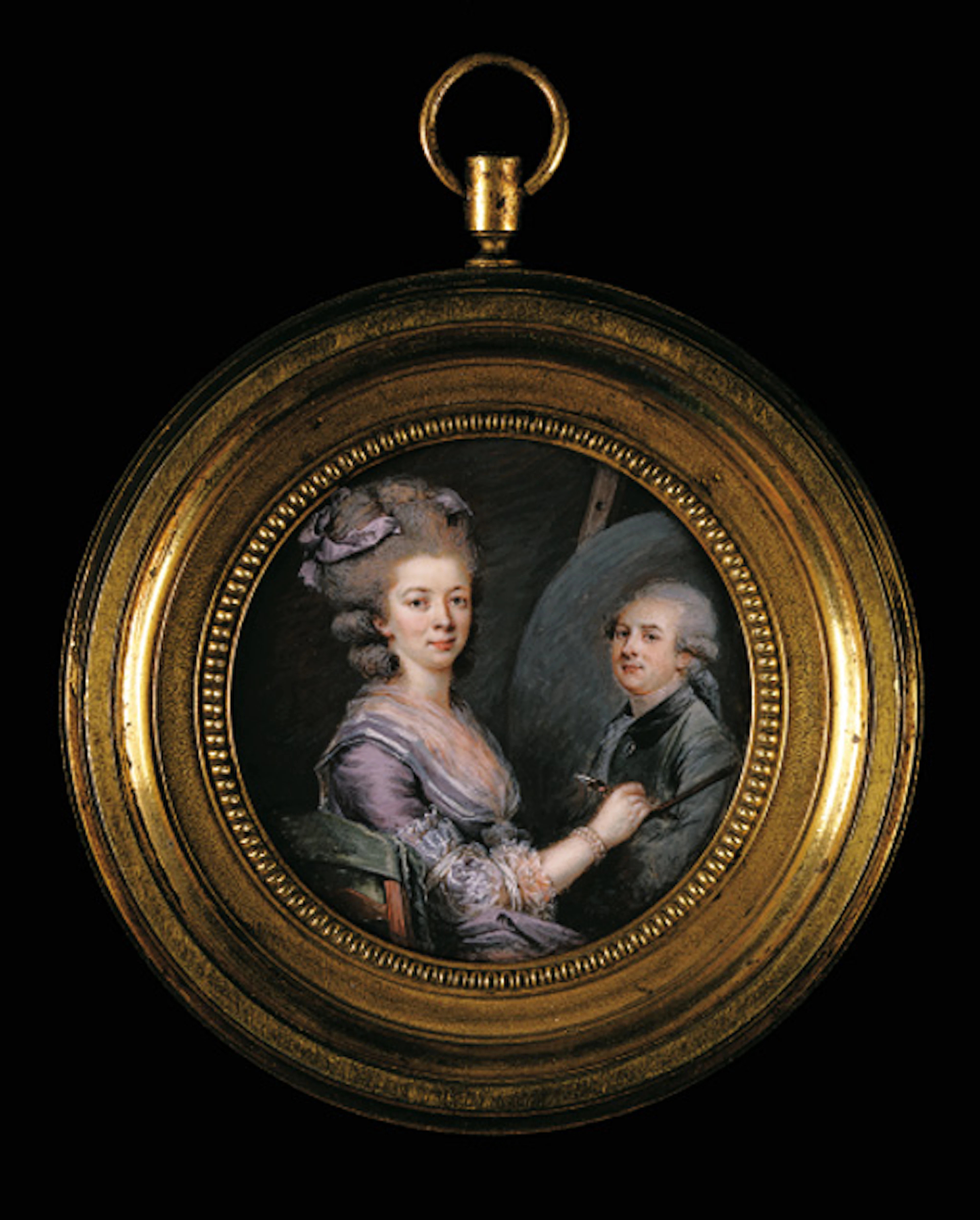 A fine miniature of Madame Charles Lefranc, facing right in purple silk dress with lace cuffs and white-bordered gauze scarf tied at corsage, purple ribbon in her high-piled