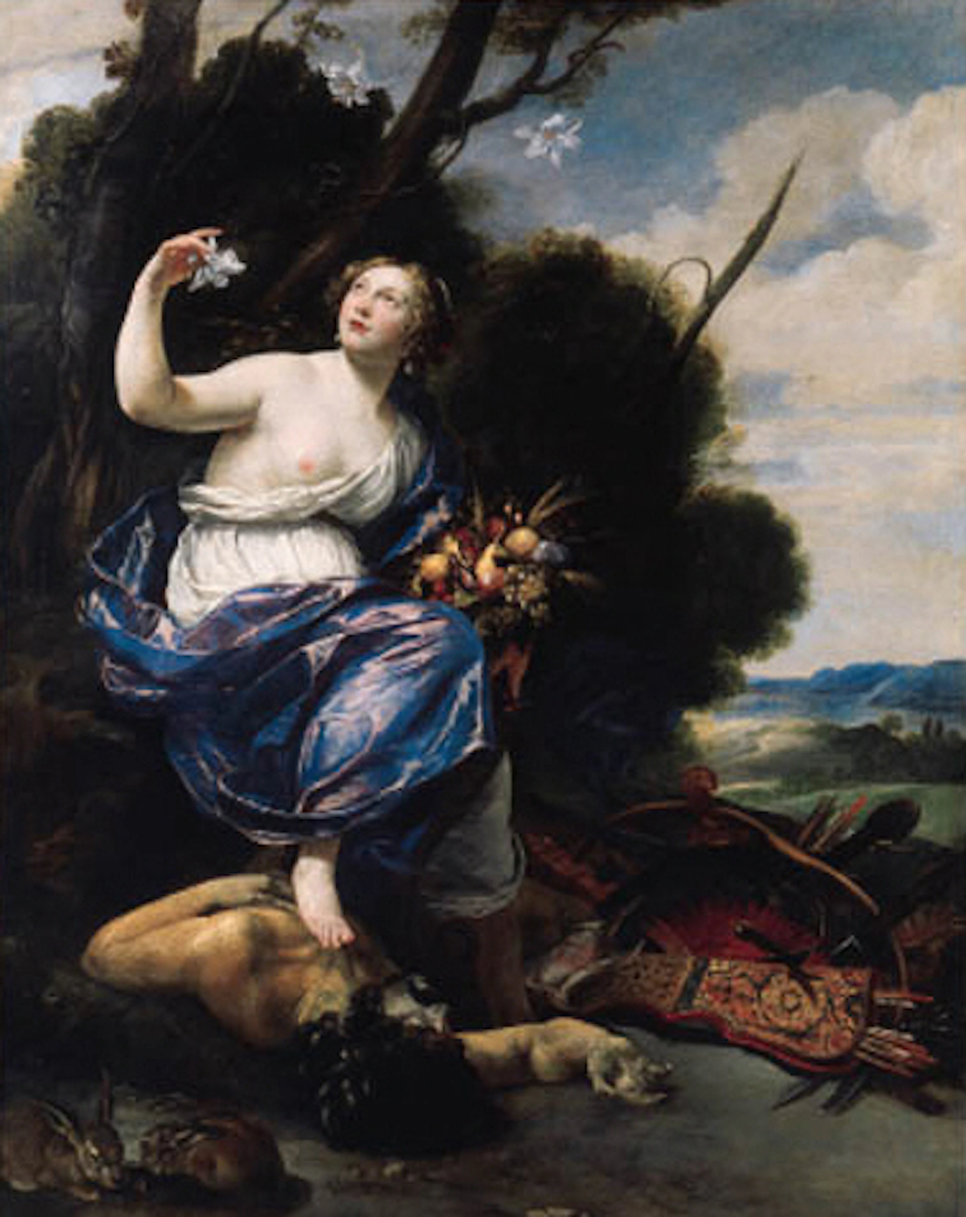 An allegory of Abundance: a vanquished soldier at the feet of a maiden holding a lily and a basket of fruit