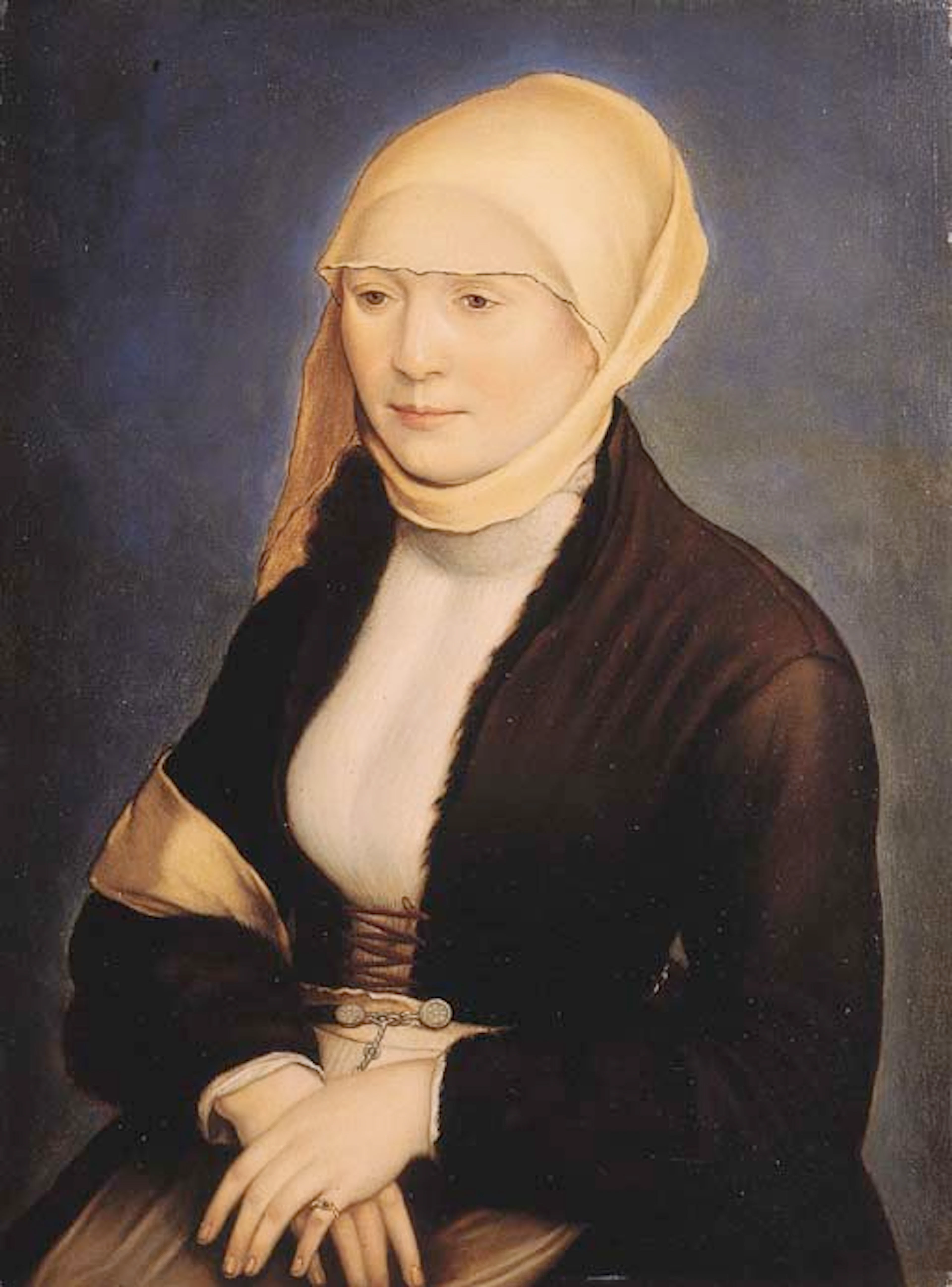 Portait of a lady, small half length, wearing a fur-lined brown dress with lace chemise and veil