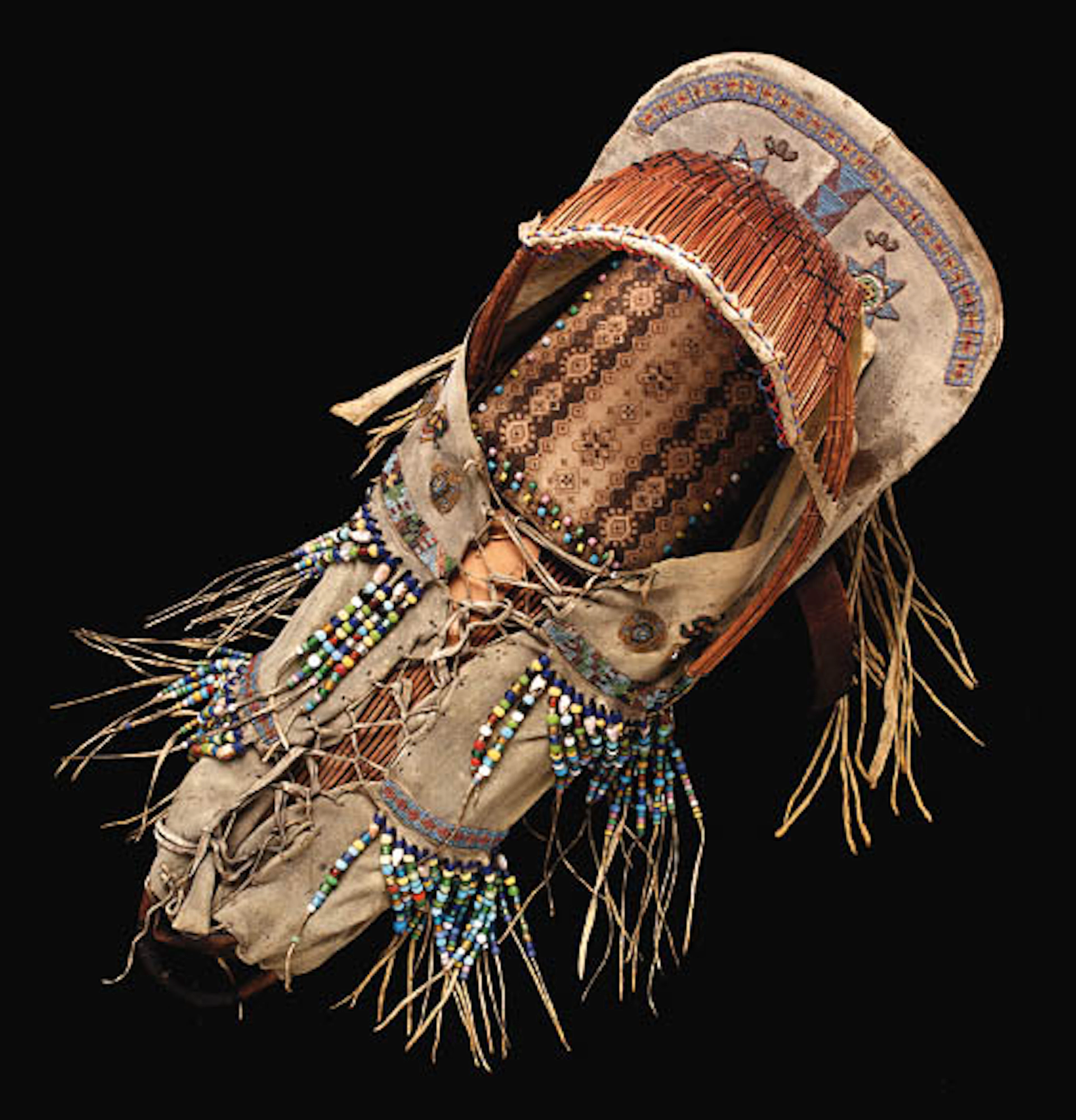A PAIUTE BEADED HIDE CRADLE BOARD