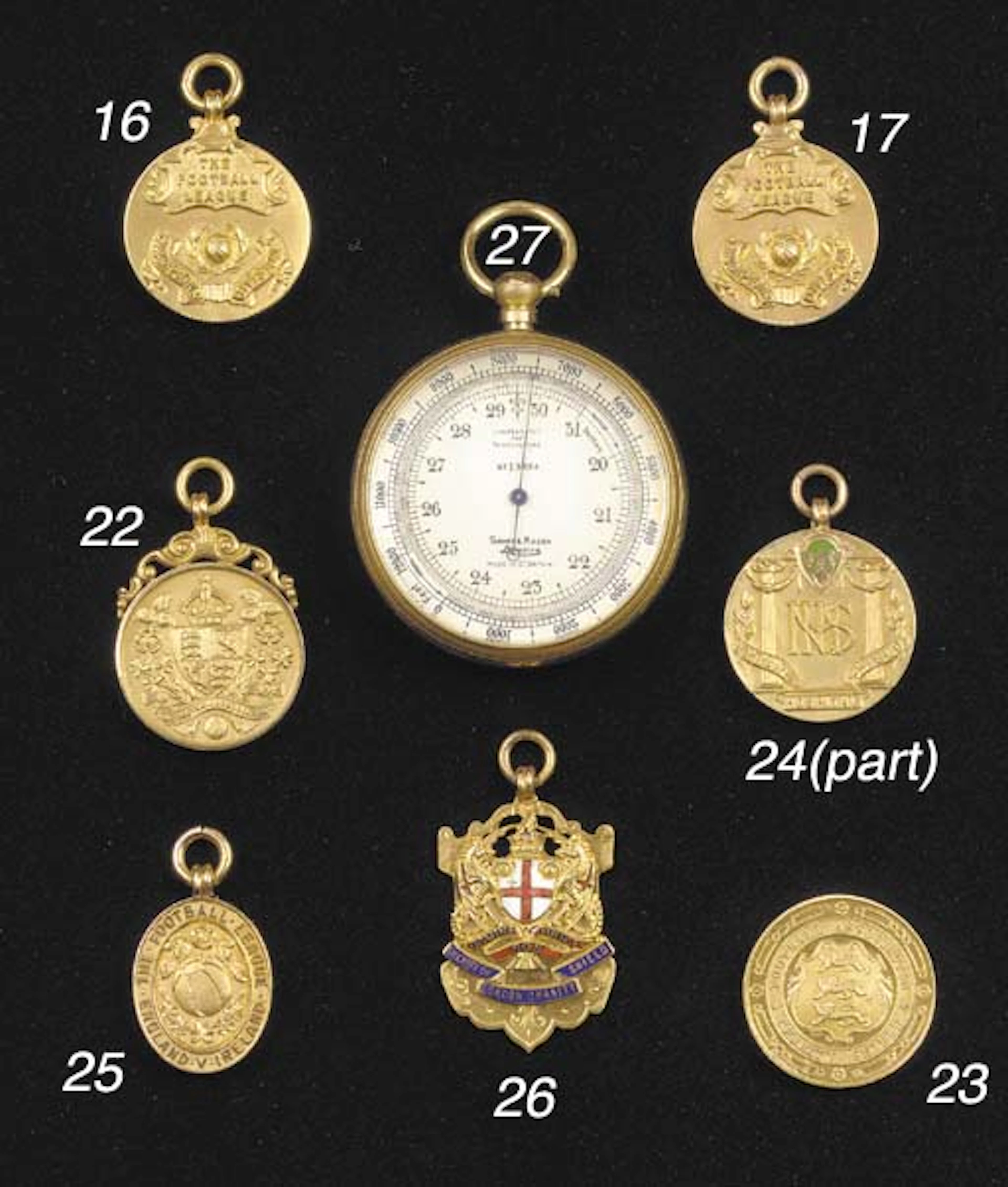A gilt-metal pocket barometer by Shorts & Mason, London, with ring suspension, in original fitted case, the inside cover bearing the club crest