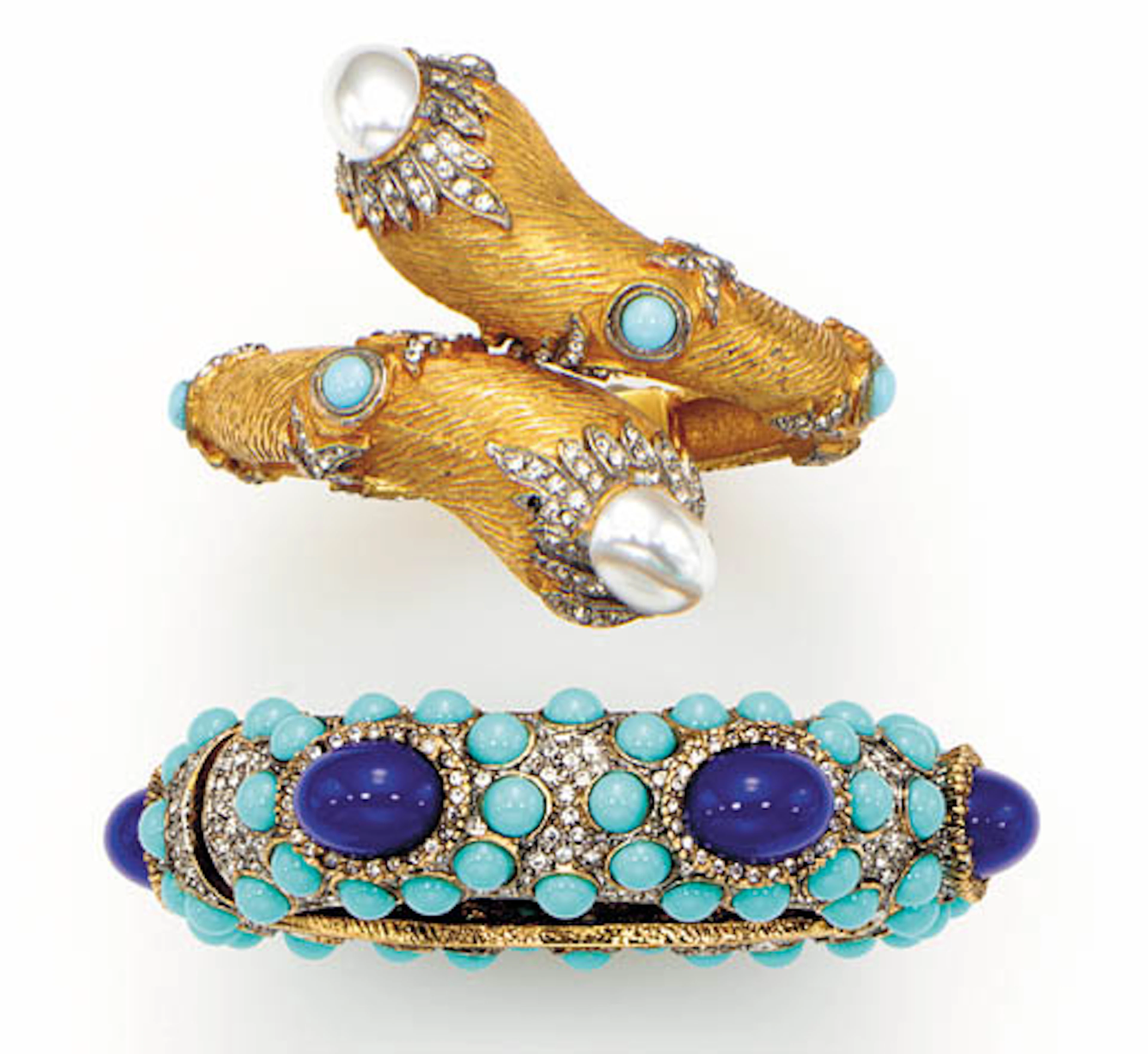 A PAIR OF SIMULATED PEARL AND SIMULATED GEM-SET BRACELETS