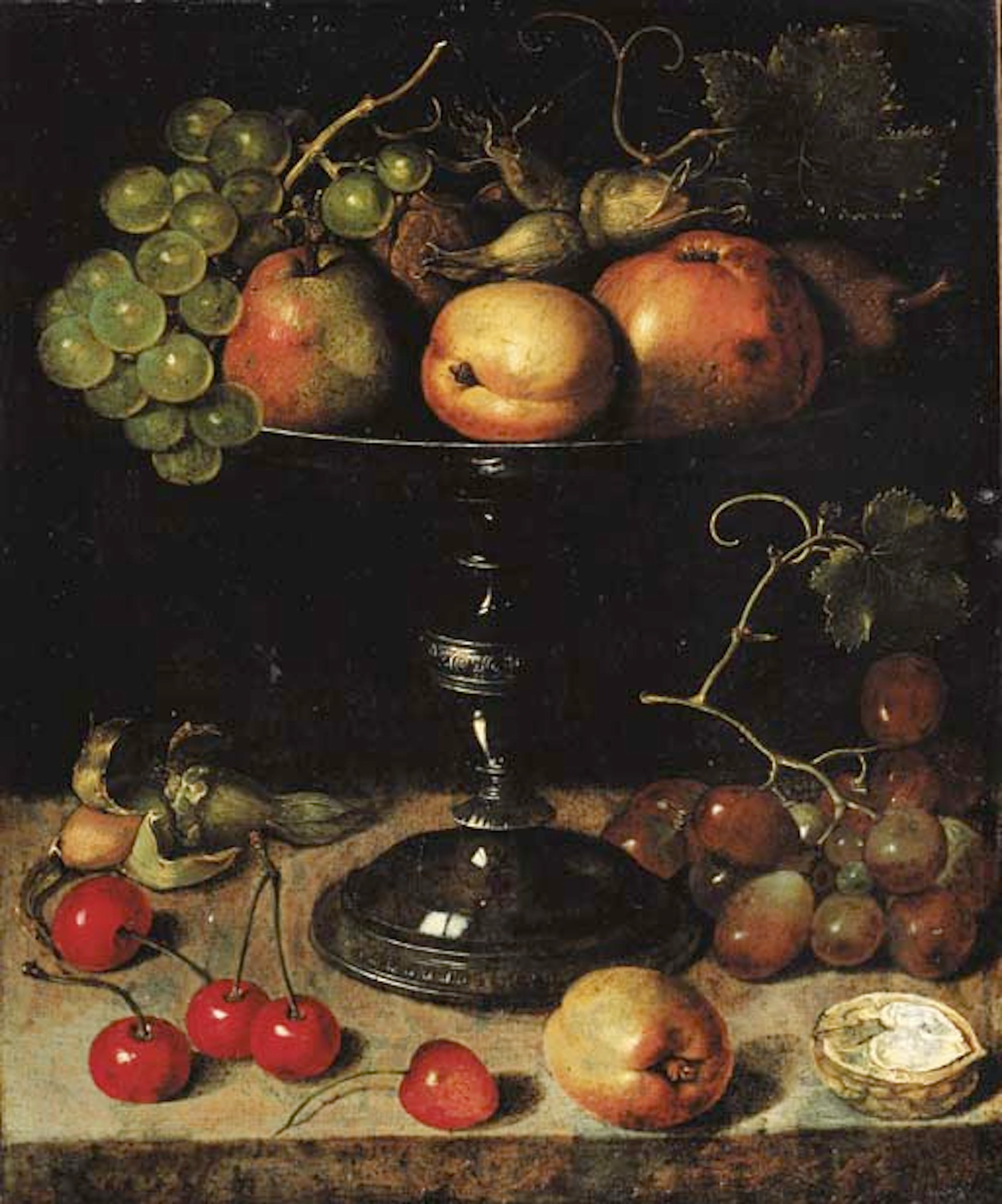 Pears, an apple, an apricot, grapes, almonds and wallnuts on a tazza with grapes, a wallnut, an abricot, cherries and almonds on a stone ledge