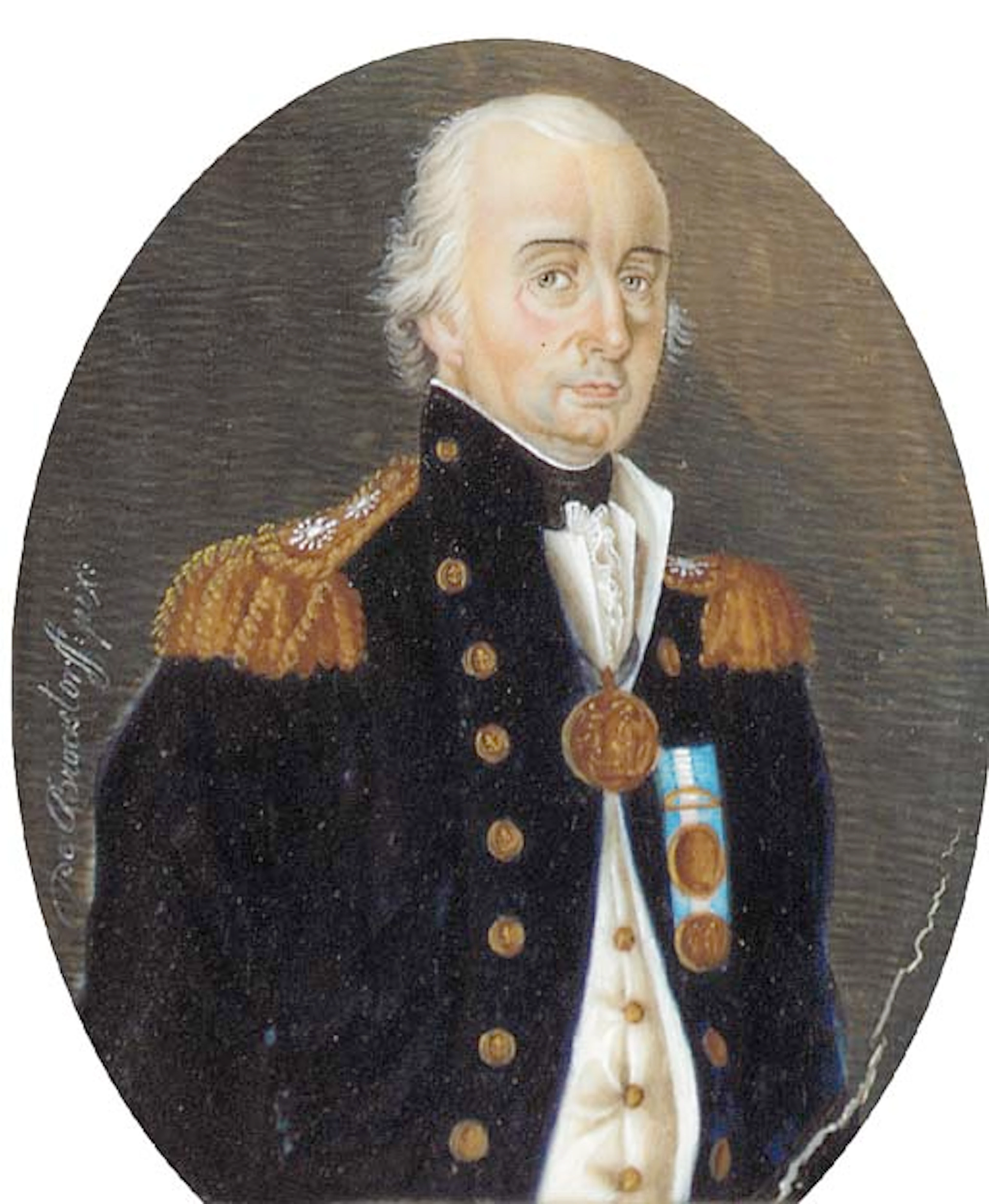 Portrait of Admiral, Lord Collingwood, in naval uniform, wearing three medals including his large gold medal for Trafalgar, in profile to the right