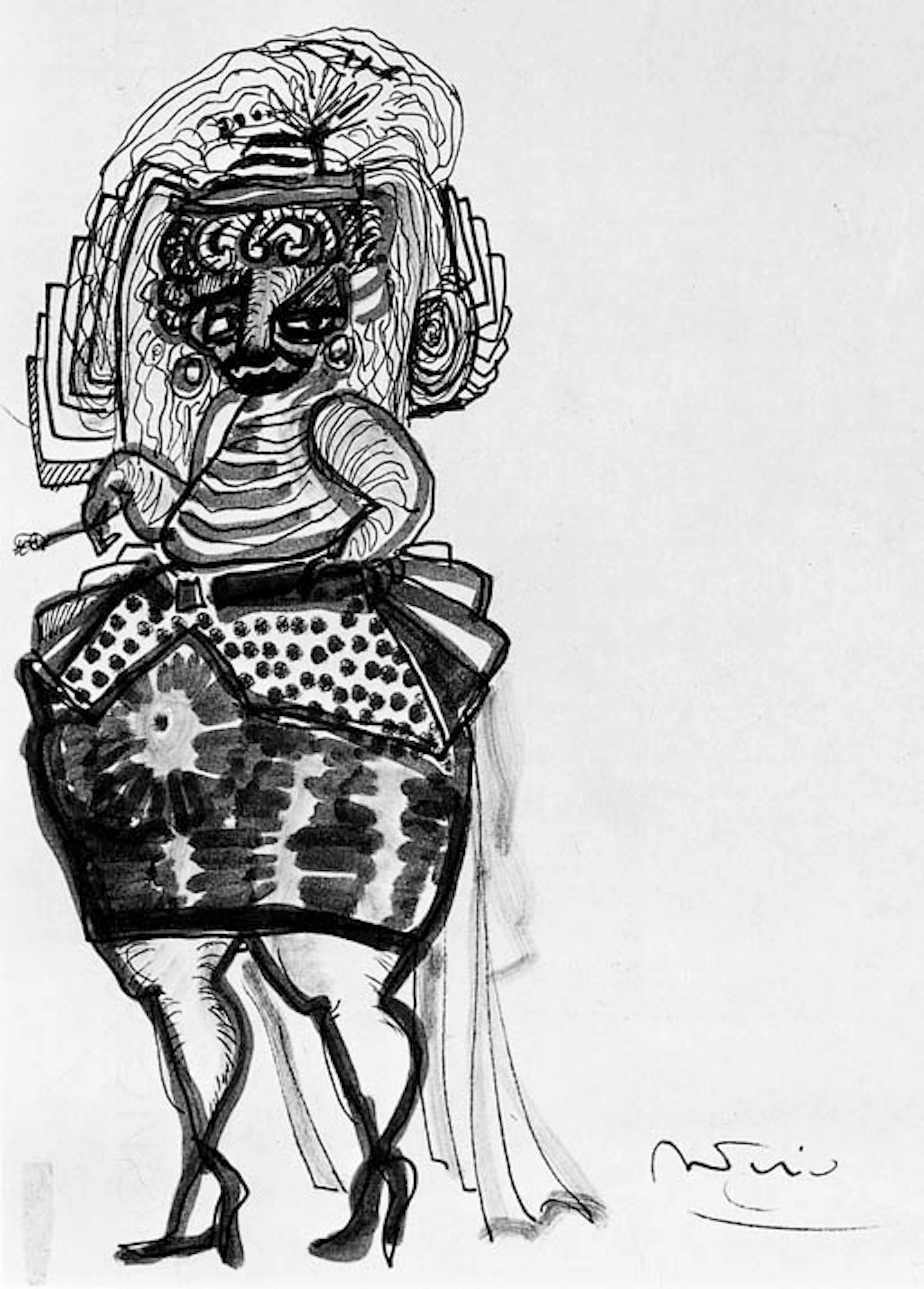 FELLINI, Federico. Disegno a pennarello colorato (quattro colori), su carta mm. 280 x 220 firmato, raffigurante donna con mostruosa acconciatura, nell'atto di fumare. Applicato su cartoncino.