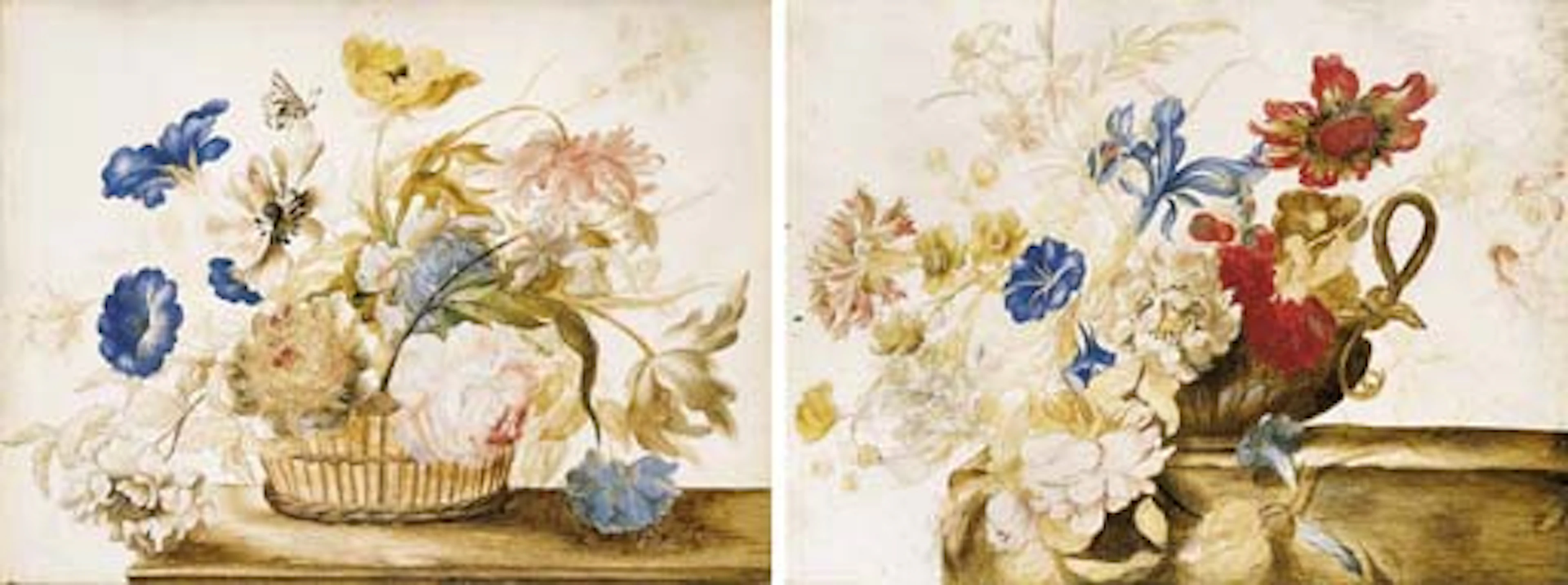 A basket of poppies, peonies, tulips, roses and carnations with a butterfly on a ledge; and A pot of carnations, irises, morning glory, roses, poppies and other flowers on a ledge