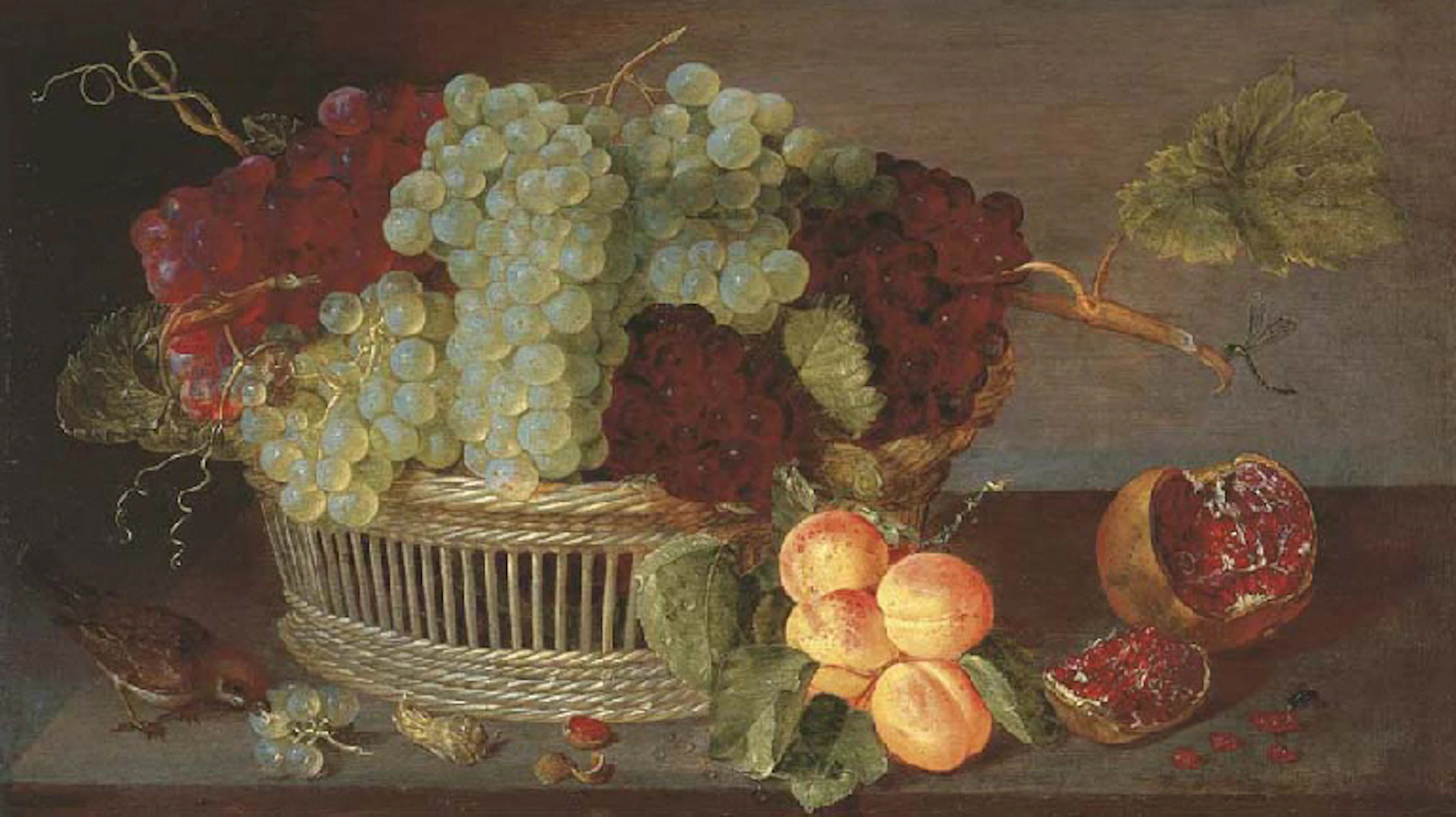Grapes in a basket, a pomegranate, a bunch of apricots and a sparrow on on a ledge