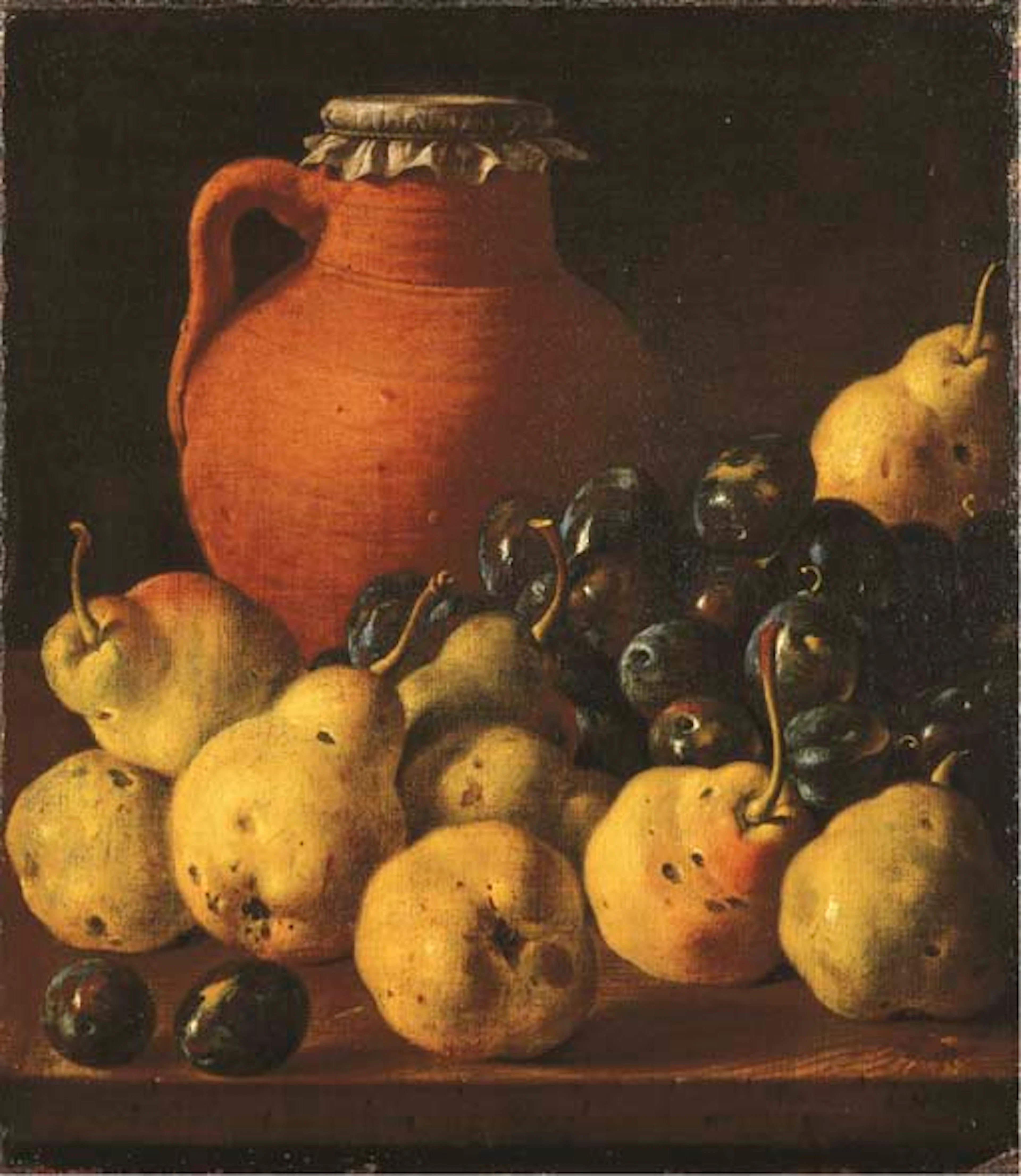 An earthenware pitcher with pears and plums on a wooden table ledge